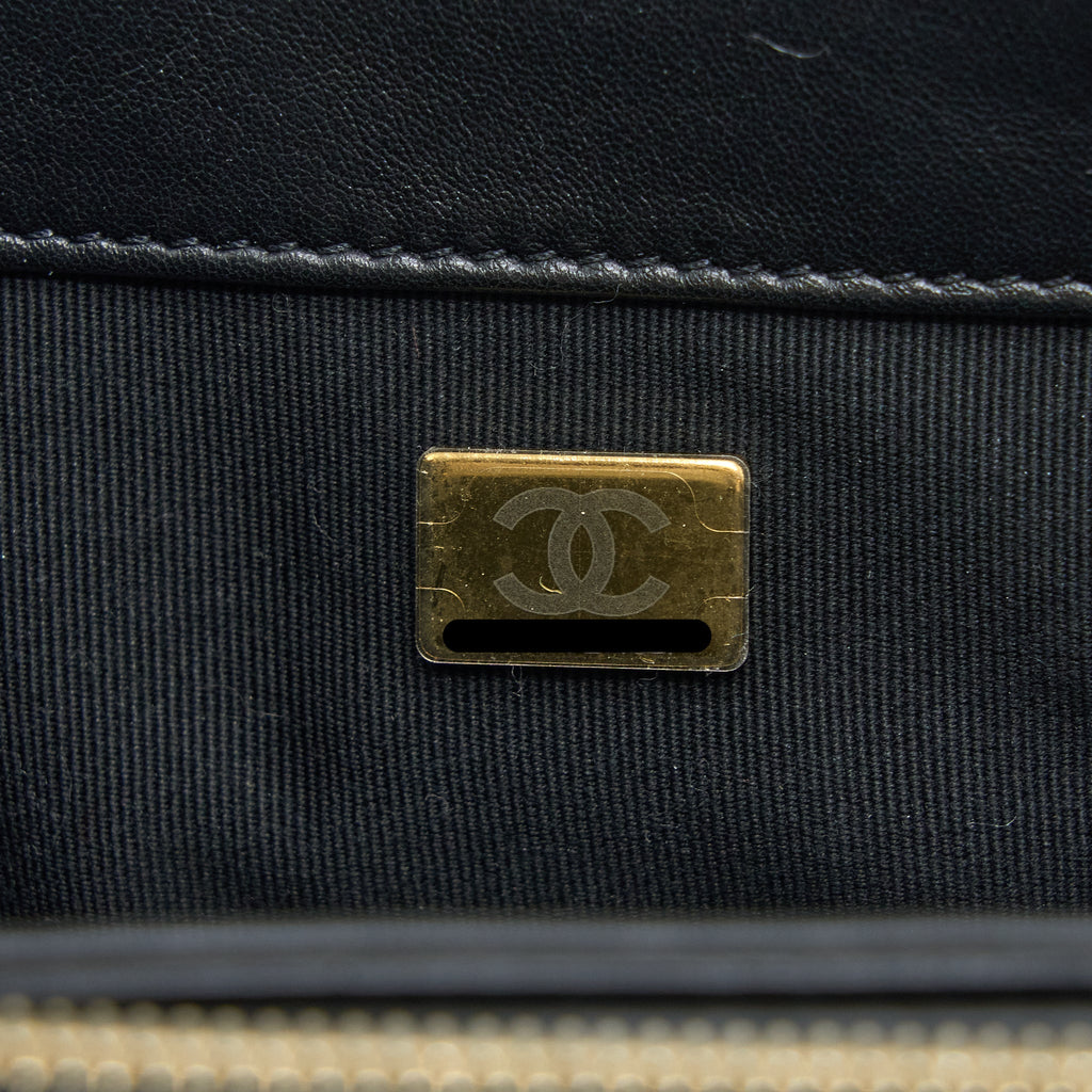 CHANEL 22K GOLD PILLAR ADJUSTABLE CHAIN FLAP BAG LAMBSKIN BLACK BRUSHED GHW (MICROCHIP)