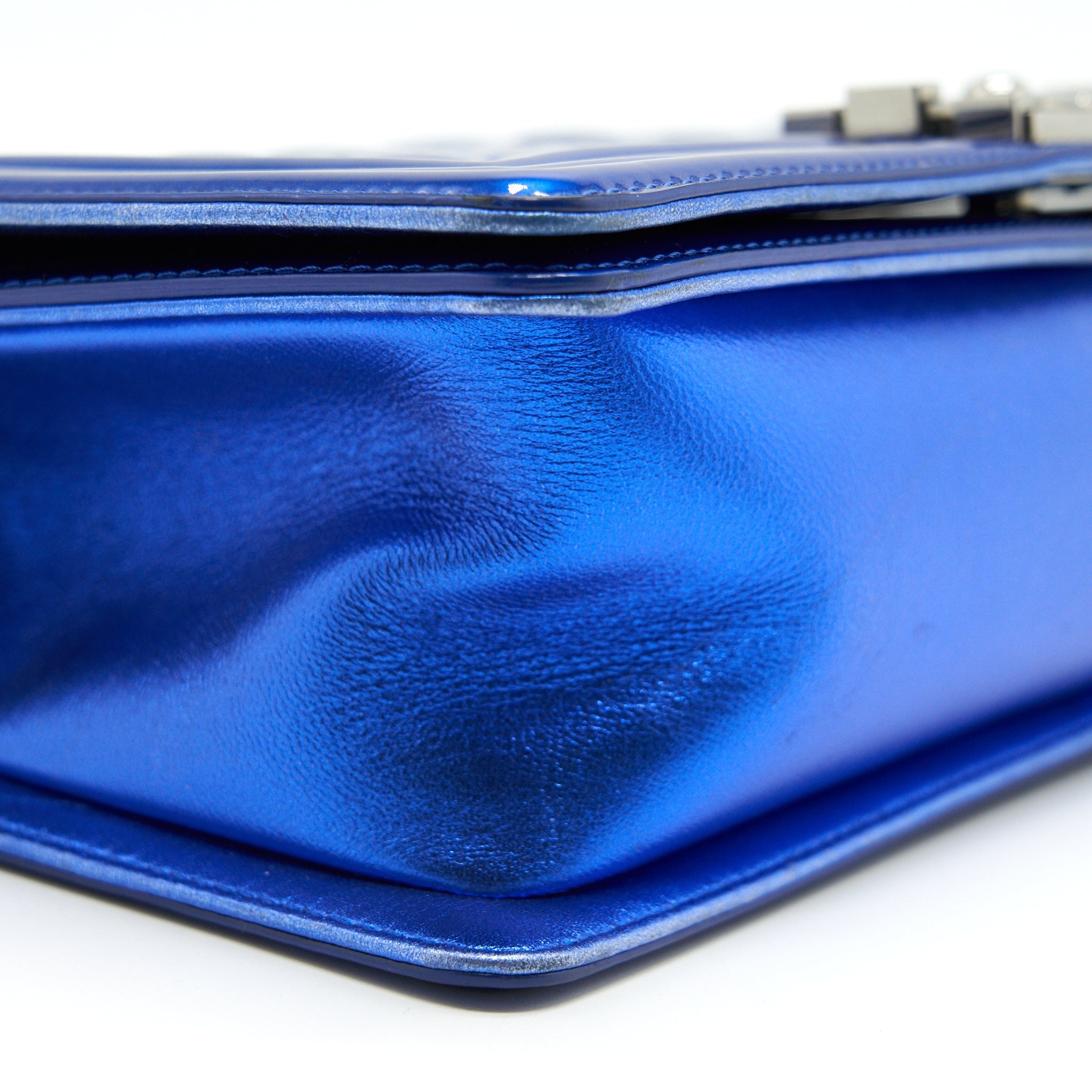 CHANEL MEDIUM LE BOY BAG METALLIC BLUE SHW