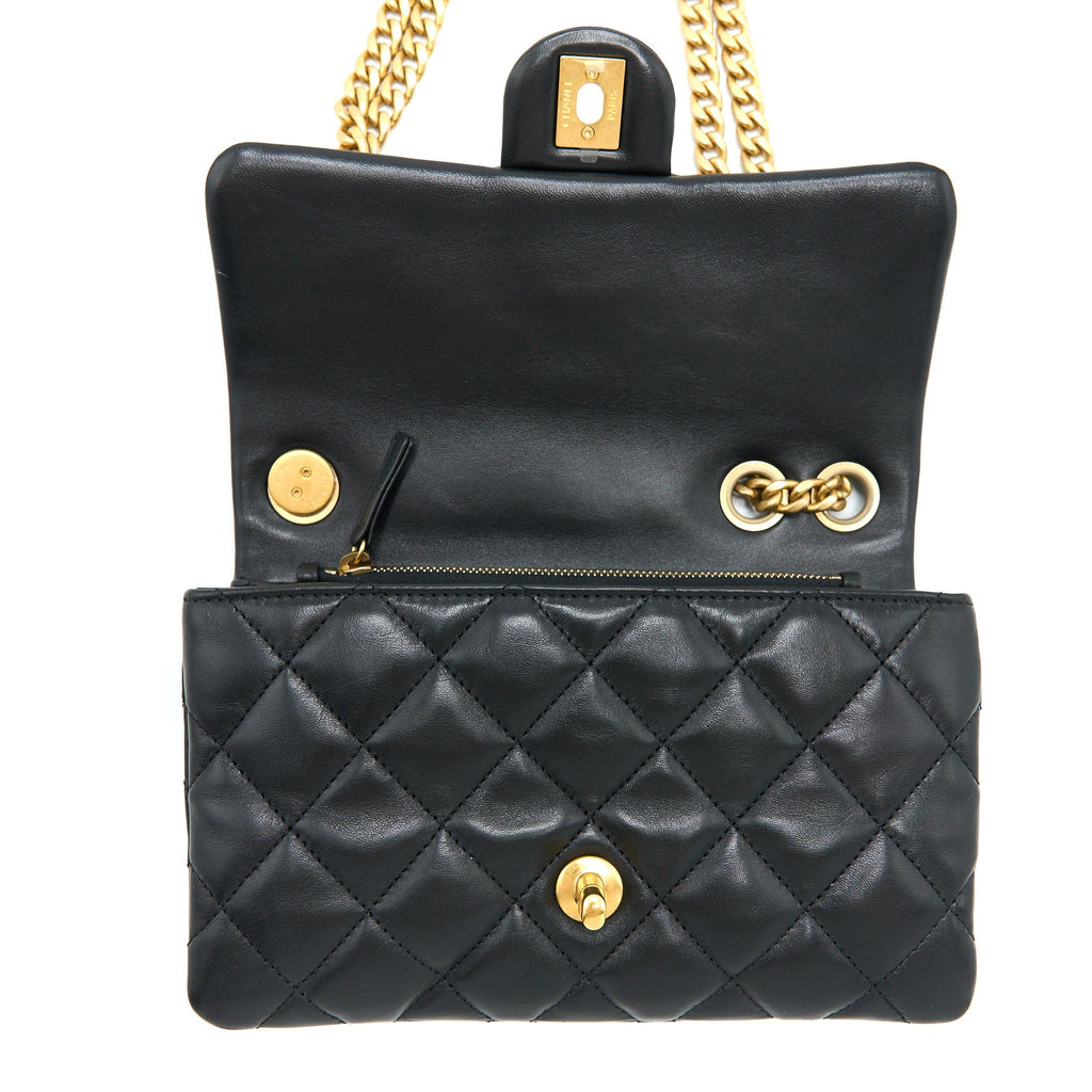 CHANEL 22K GOLD PILLAR ADJUSTABLE CHAIN FLAP BAG LAMBSKIN BLACK BRUSHED GHW (MICROCHIP)