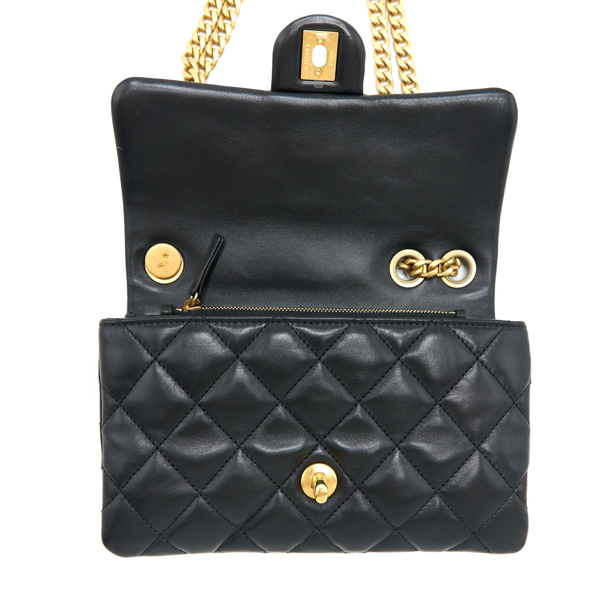 CHANEL 22K GOLD PILLAR ADJUSTABLE CHAIN FLAP BAG LAMBSKIN BLACK BRUSHED GHW (MICROCHIP)