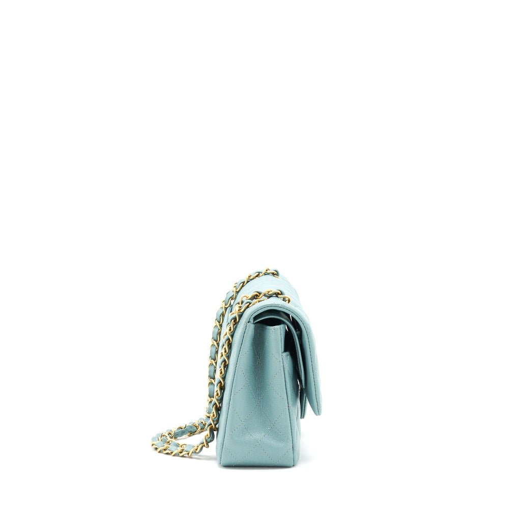 CHANEL CLASSIC DOUBLE FLAP BAG CAVIAR BLUE BRUSHED GHW