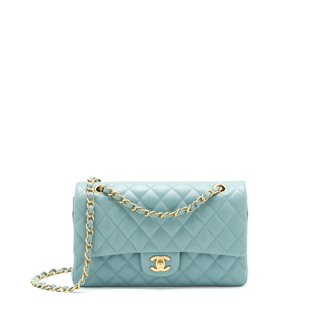 CHANEL CLASSIC DOUBLE FLAP BAG CAVIAR BLUE BRUSHED GHW