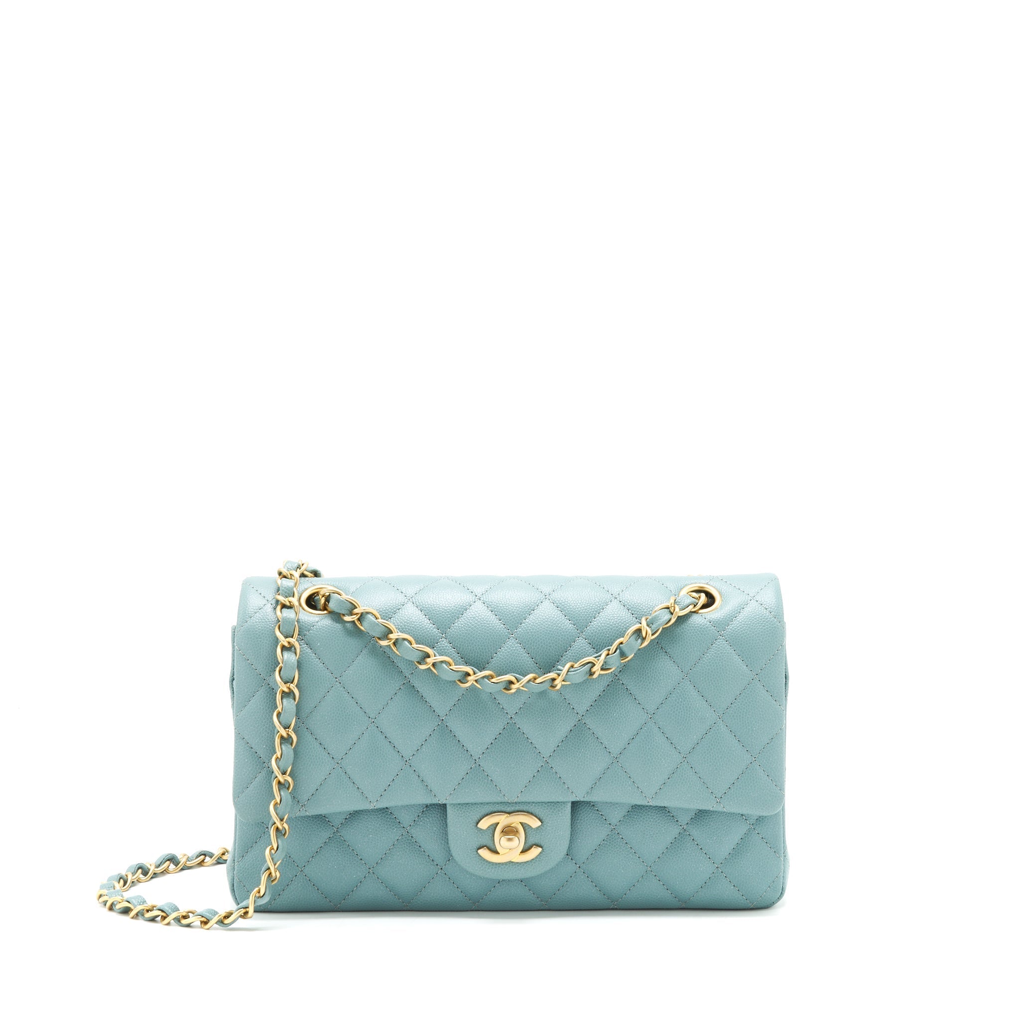 CHANEL CLASSIC DOUBLE FLAP BAG CAVIAR BLUE BRUSHED GHW