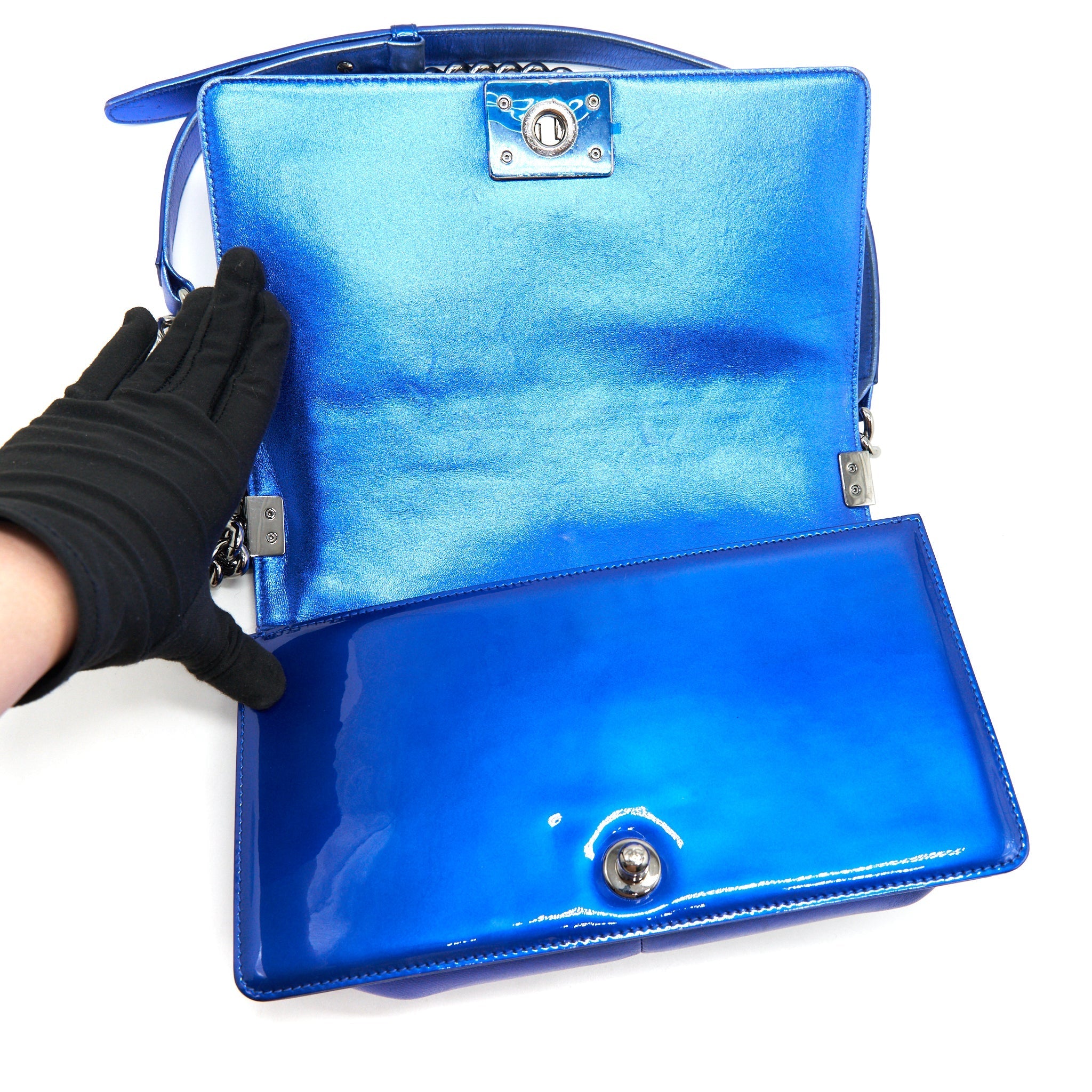 CHANEL MEDIUM LE BOY BAG METALLIC BLUE SHW