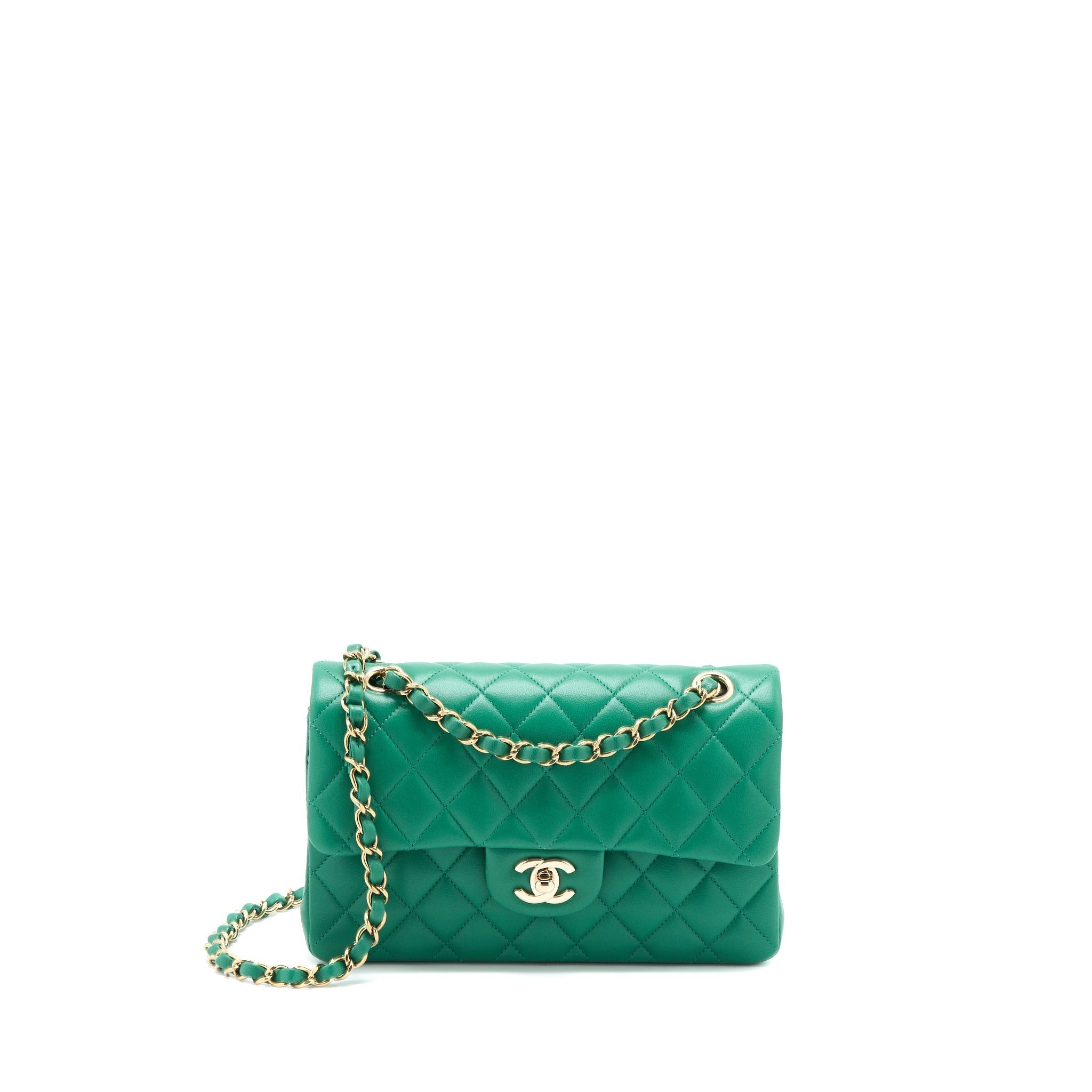 CHANEL SMALL CLASSIC DOUBLE FLAP BAG LAMBSKIN GREEN LGHW(MICROCHIP)