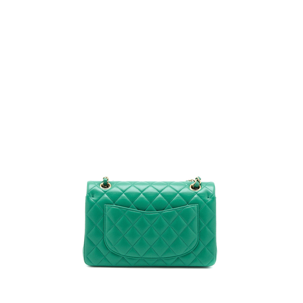 CHANEL SMALL CLASSIC DOUBLE FLAP BAG LAMBSKIN GREEN LGHW(MICROCHIP)