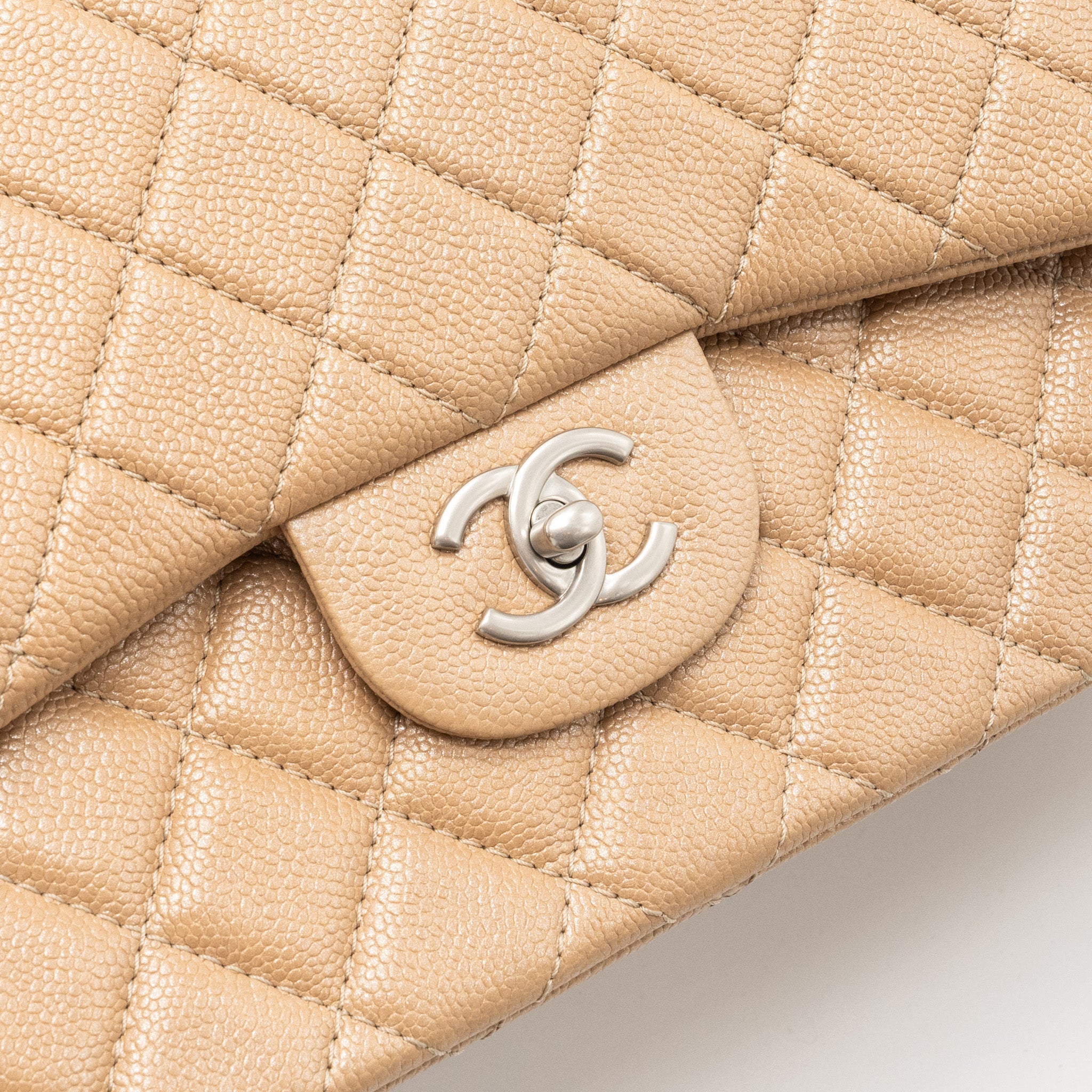 CHANEL CLASSIC JUMBO DOUBLE FLAP BAG CAVIAR IRIDESCENT BEIGE BRUSHED SHW