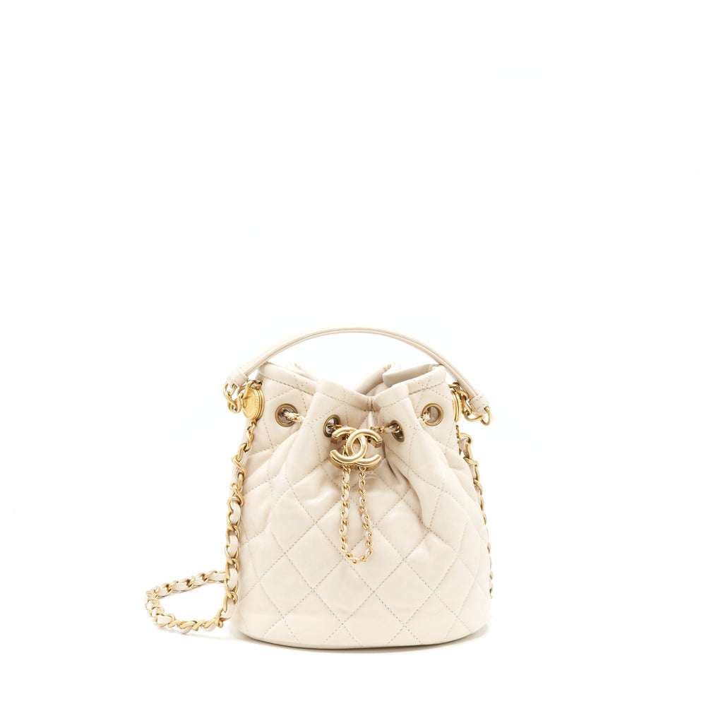 CHANEL BUTTON BUCKET CROSSBODY BAG LAMBSKIN WHITE GHW