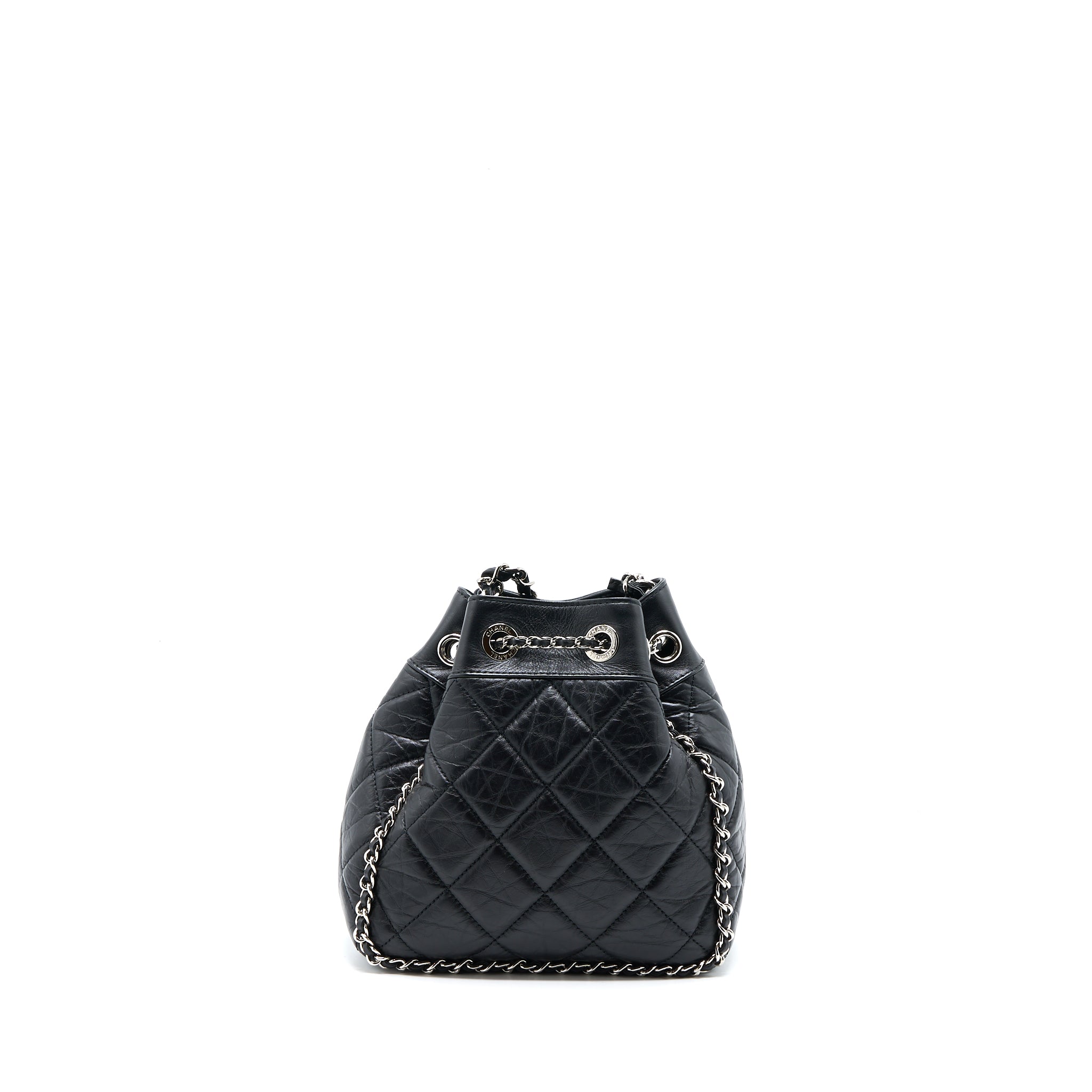 CHANEL 20S DRAWSTRING BUCKET BAG AGED CALFSKIN BLACK SHW