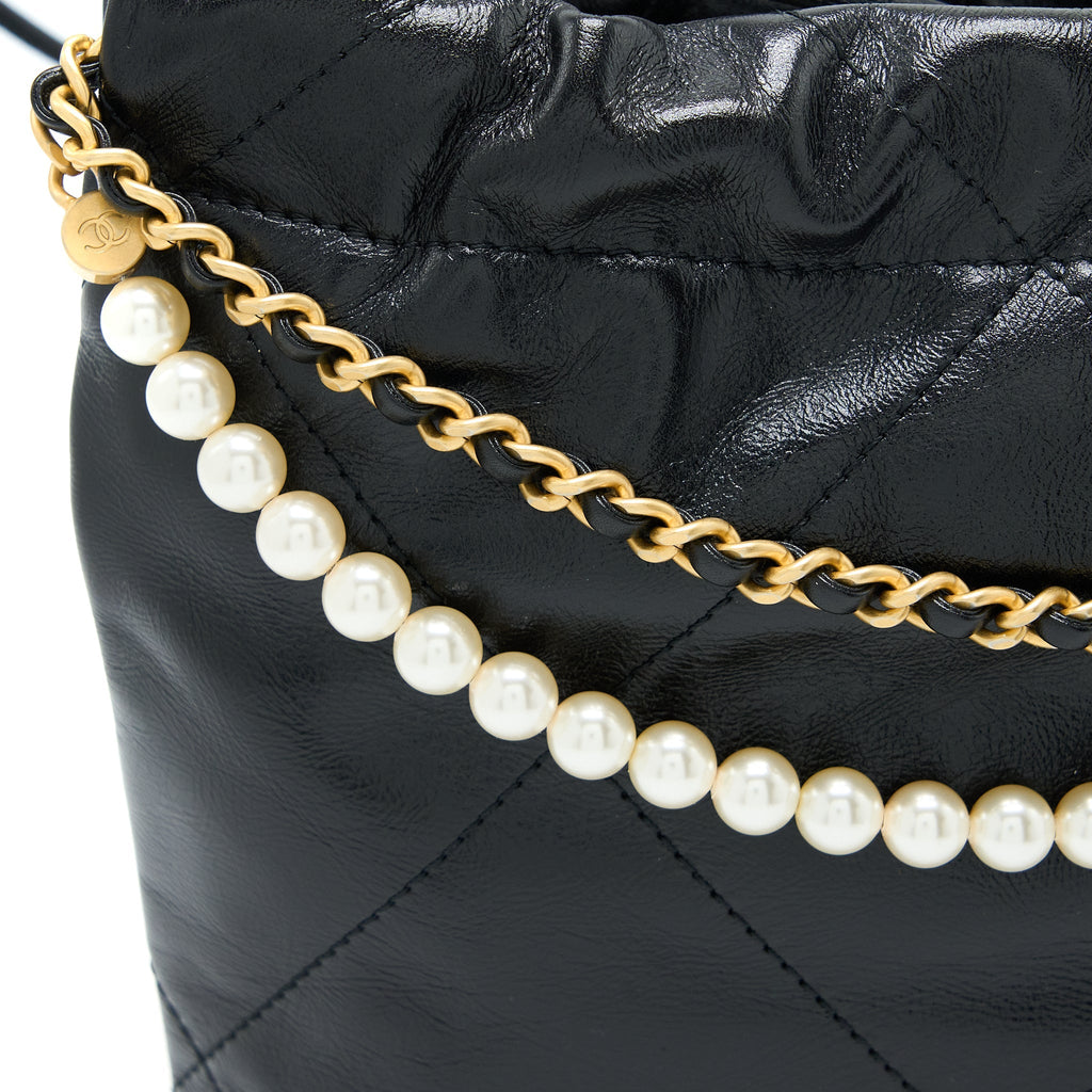 CHANEL 23S MINI 22 BAG WITH PEARL SHINY CALFSKIN BLACK GHW (MICROCHIP)