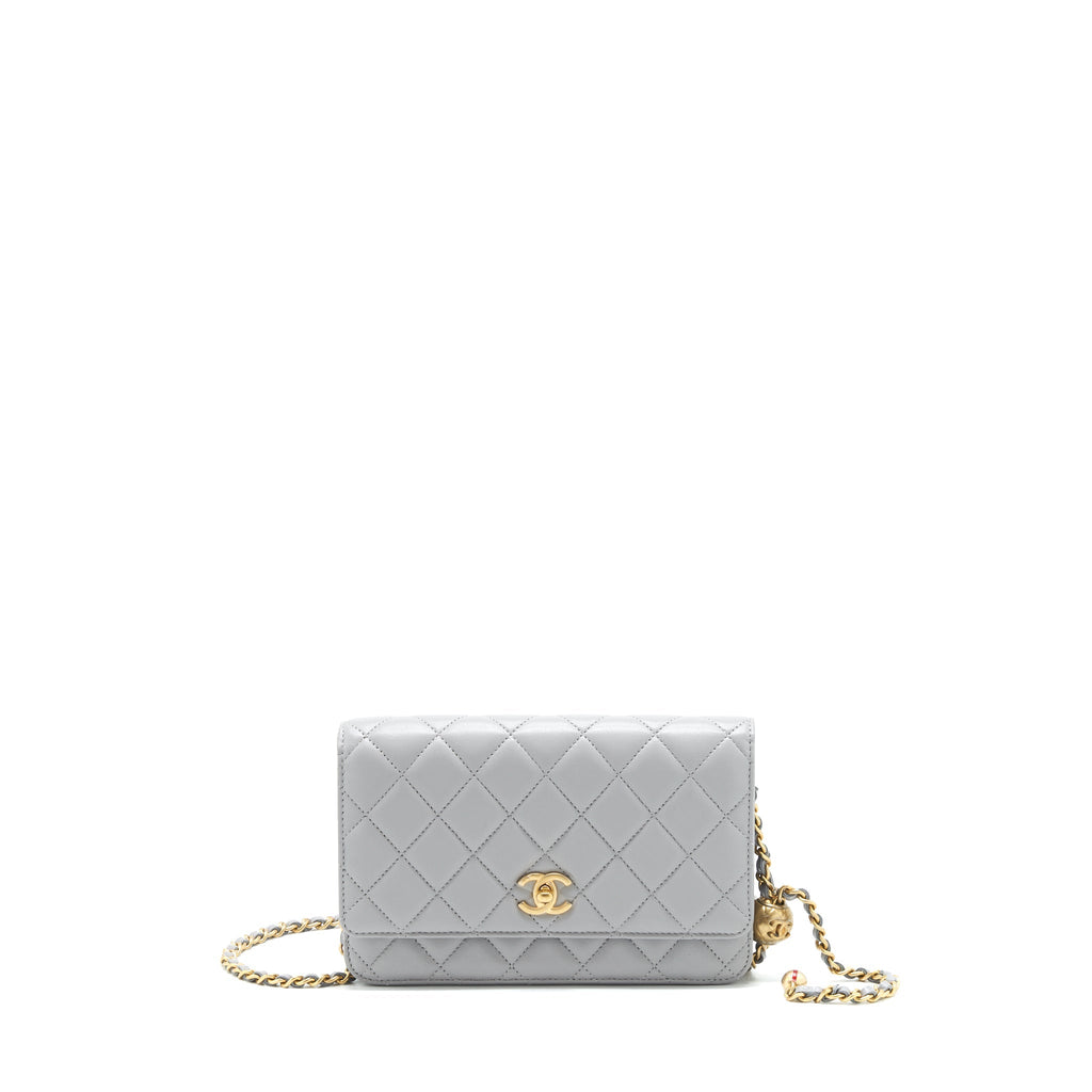CHANEL PEARL CRUSH WALLET ON CHAIN LAMBSKIN GREY BRUSHED GHW (MICROCHIP)