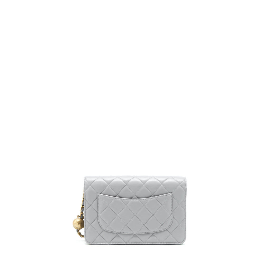 CHANEL PEARL CRUSH WALLET ON CHAIN LAMBSKIN GREY BRUSHED GHW (MICROCHIP)