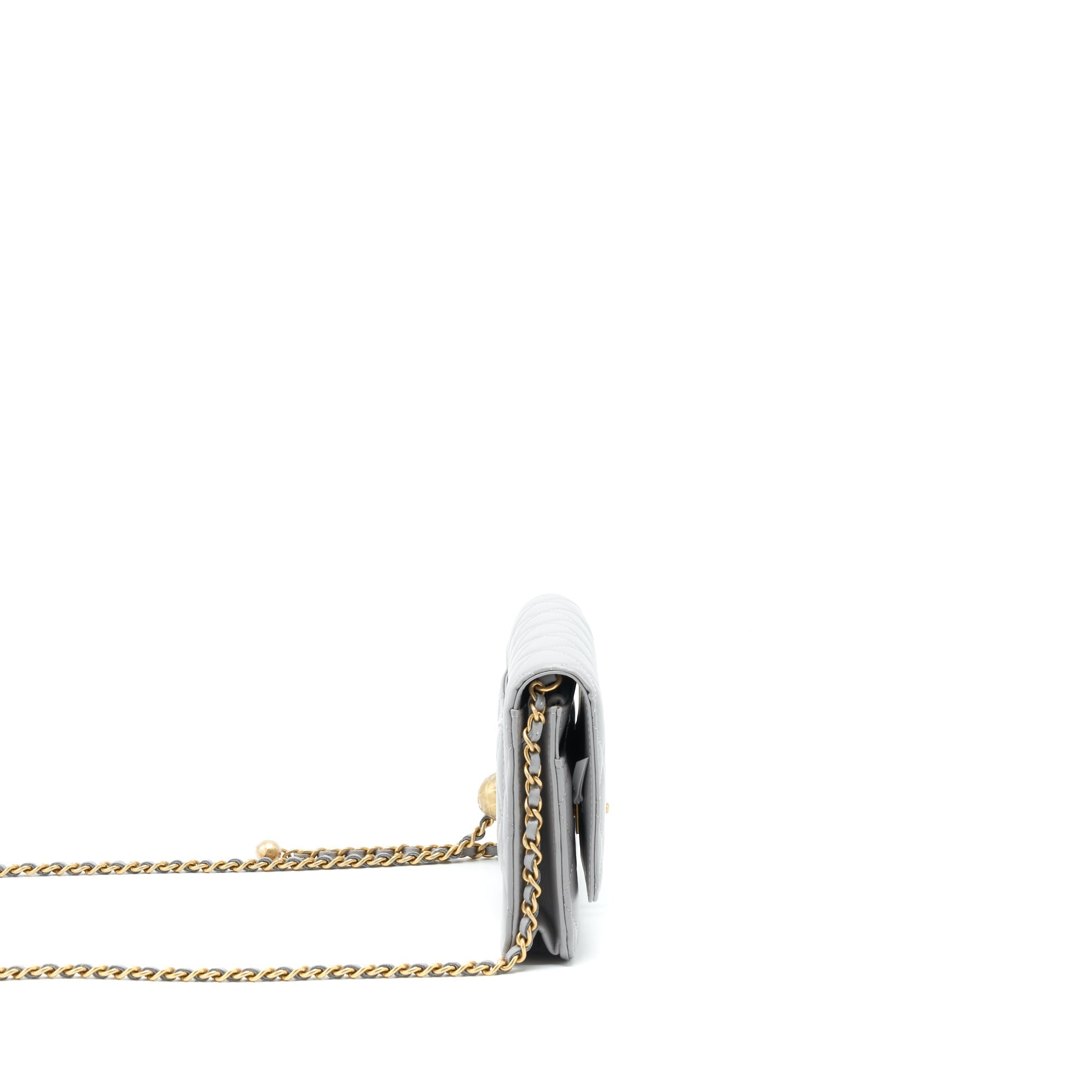 CHANEL PEARL CRUSH WALLET ON CHAIN LAMBSKIN GREY BRUSHED GHW (MICROCHIP)