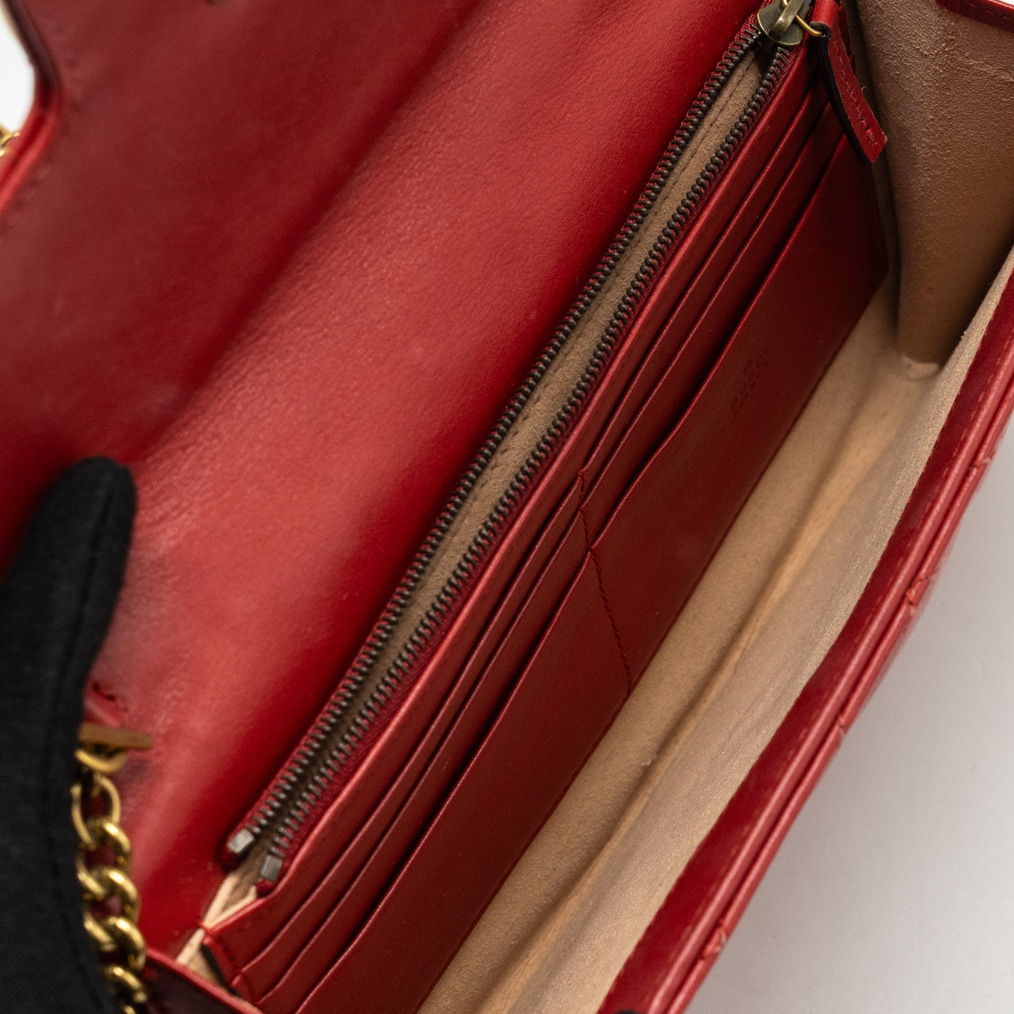 GUCCI MARMONT FLAP WALLET WITH CHAIN CALFSKIN RED GHW