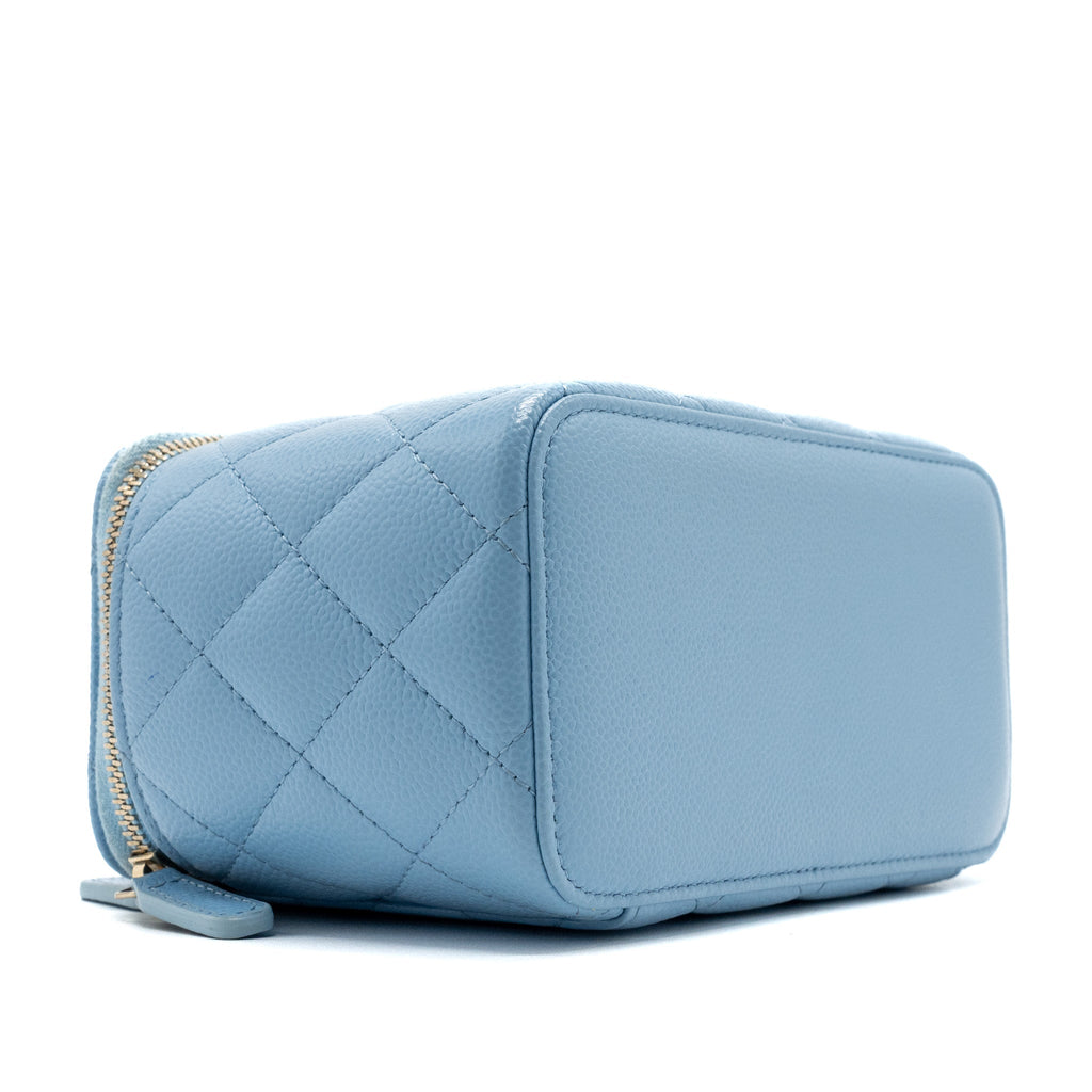 CHANEL DETAILED TOP HANDLE LONG VANITY WITH CHAIN CAVIAR LIGHT BLUE GHW