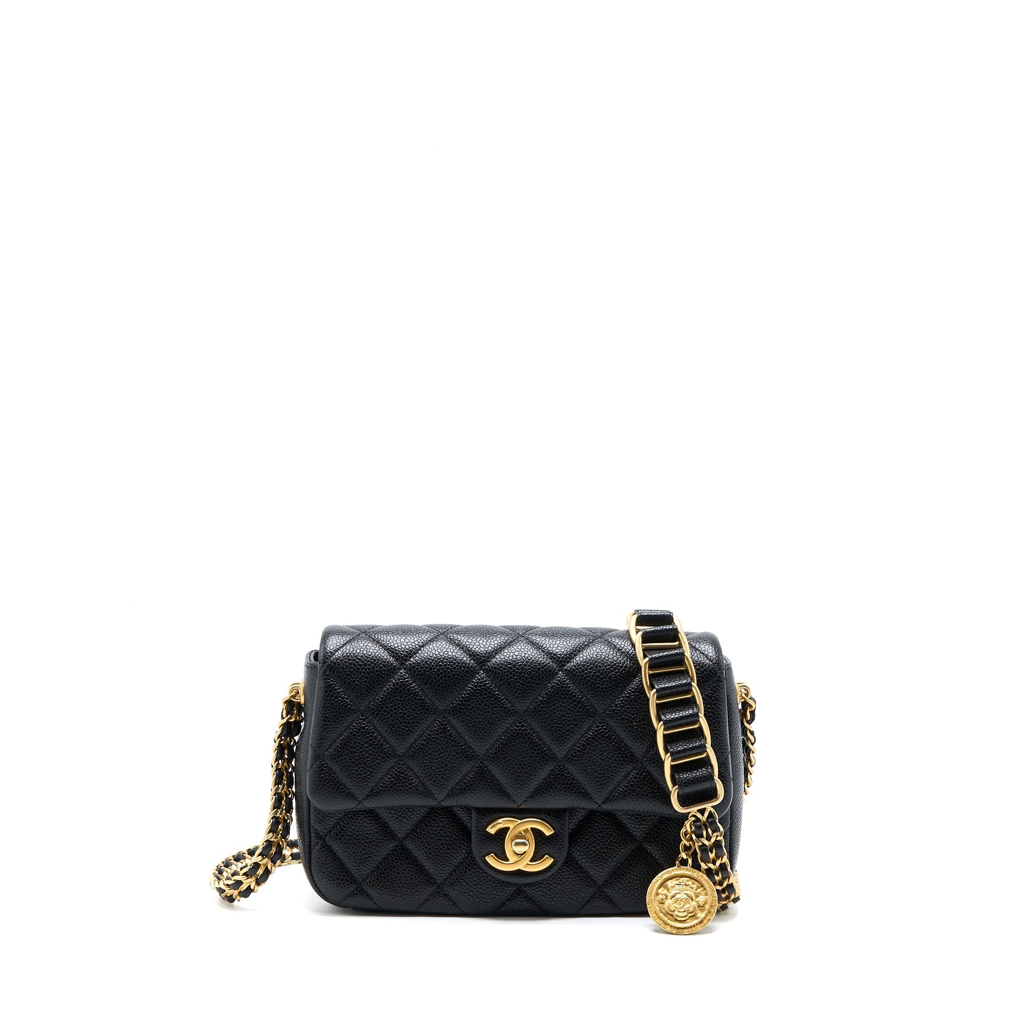 CHANEL QUILTED FLAP BAG WITH DOUBLE CHAIN CAVIAR BLACK BRUSHED GHW (MICROCHIP)