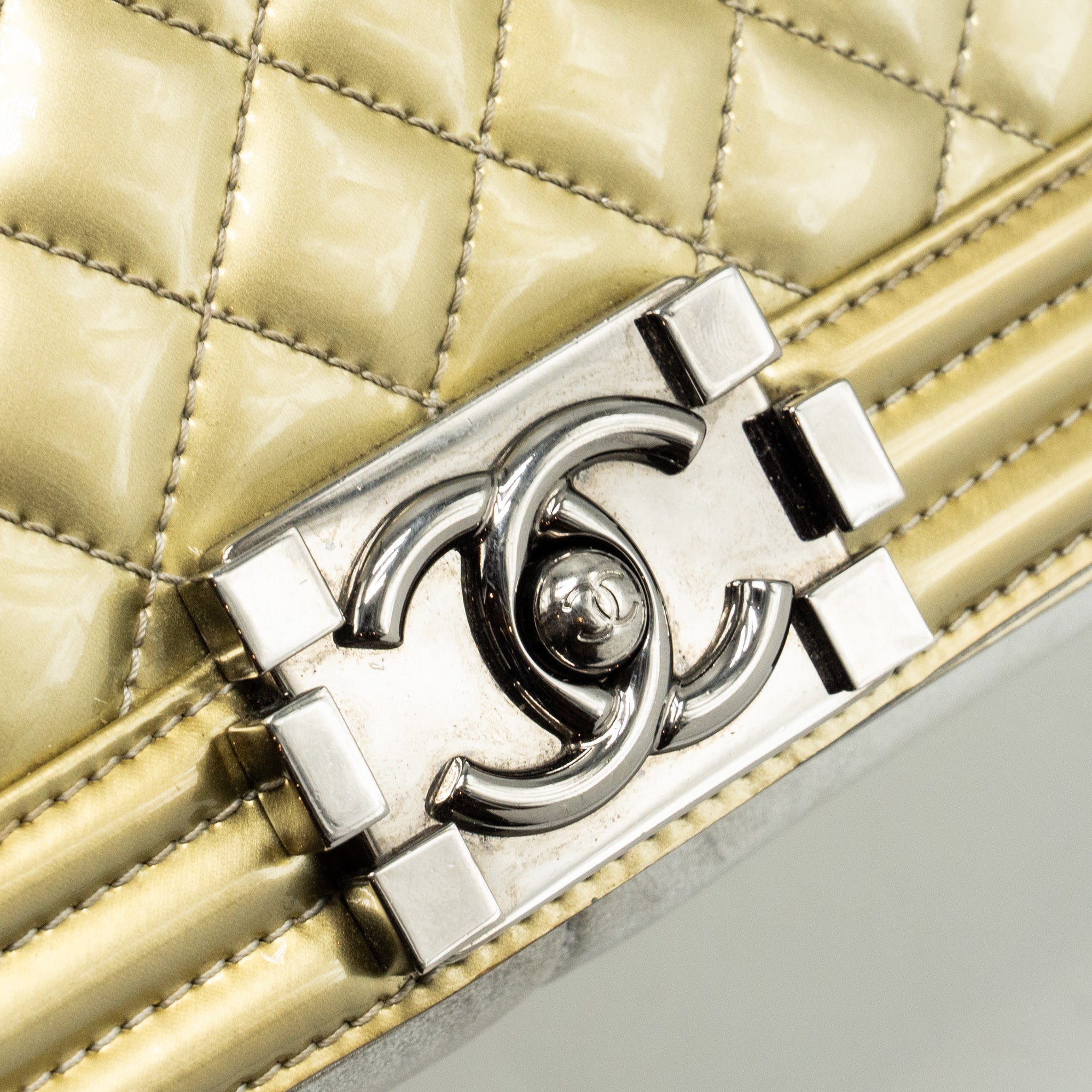 CHANEL MEDIUM BOY BAG PATENT LIGHT GOLD / SILVER SHW