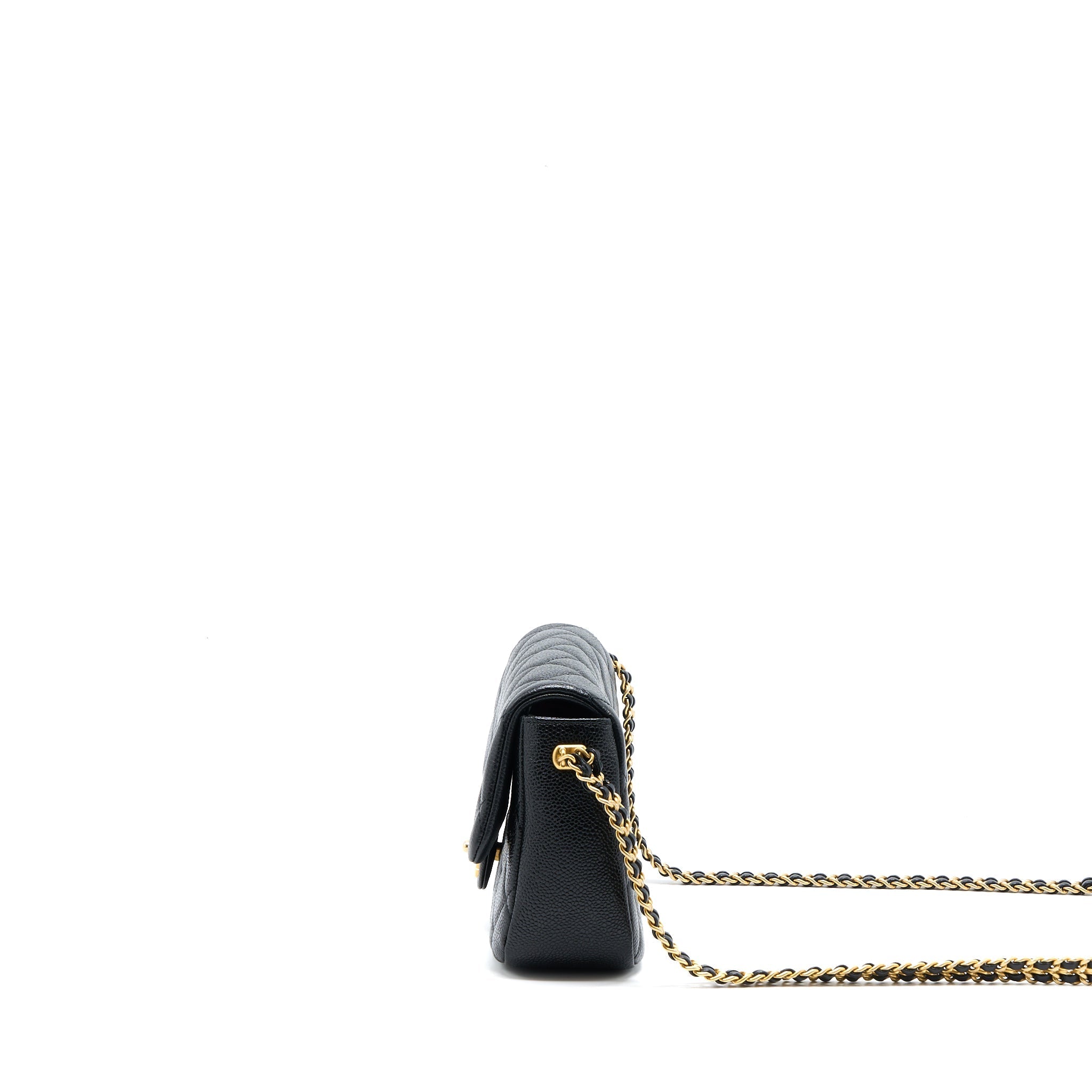 CHANEL QUILTED FLAP BAG WITH DOUBLE CHAIN CAVIAR BLACK BRUSHED GHW (MICROCHIP)