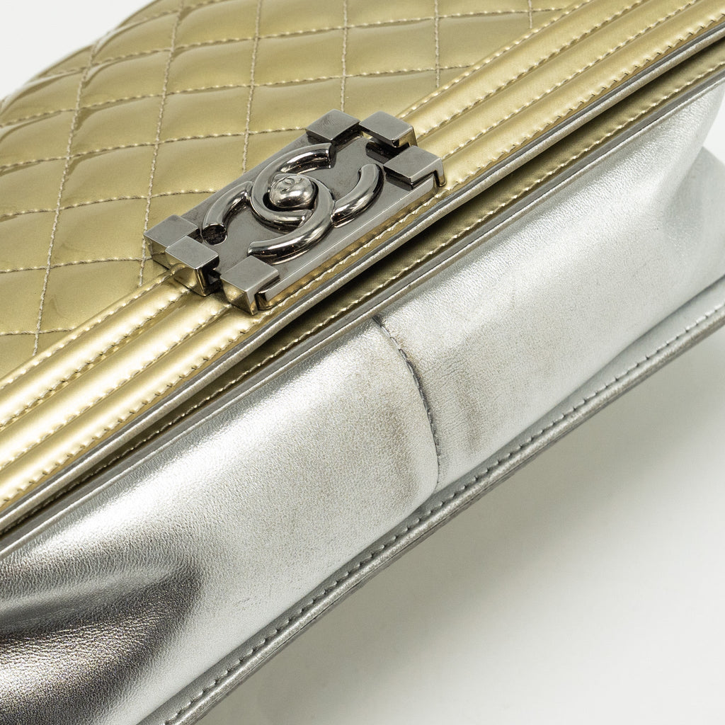 CHANEL MEDIUM BOY BAG PATENT LIGHT GOLD / SILVER SHW