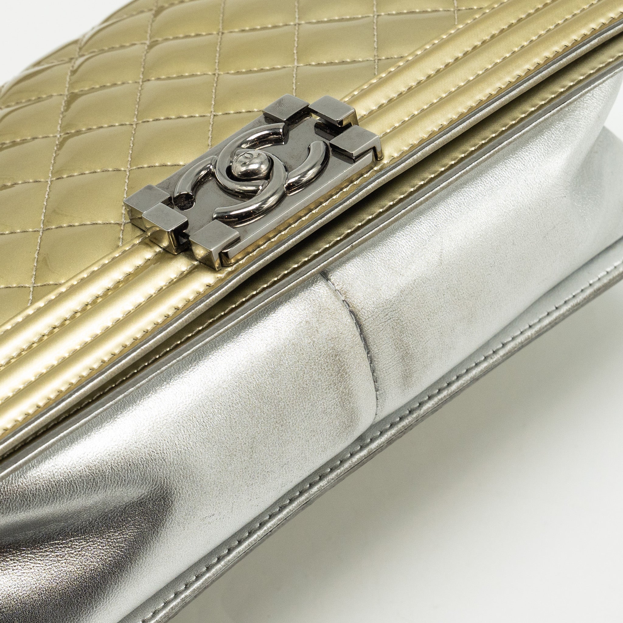 CHANEL MEDIUM BOY BAG PATENT LIGHT GOLD / SILVER SHW