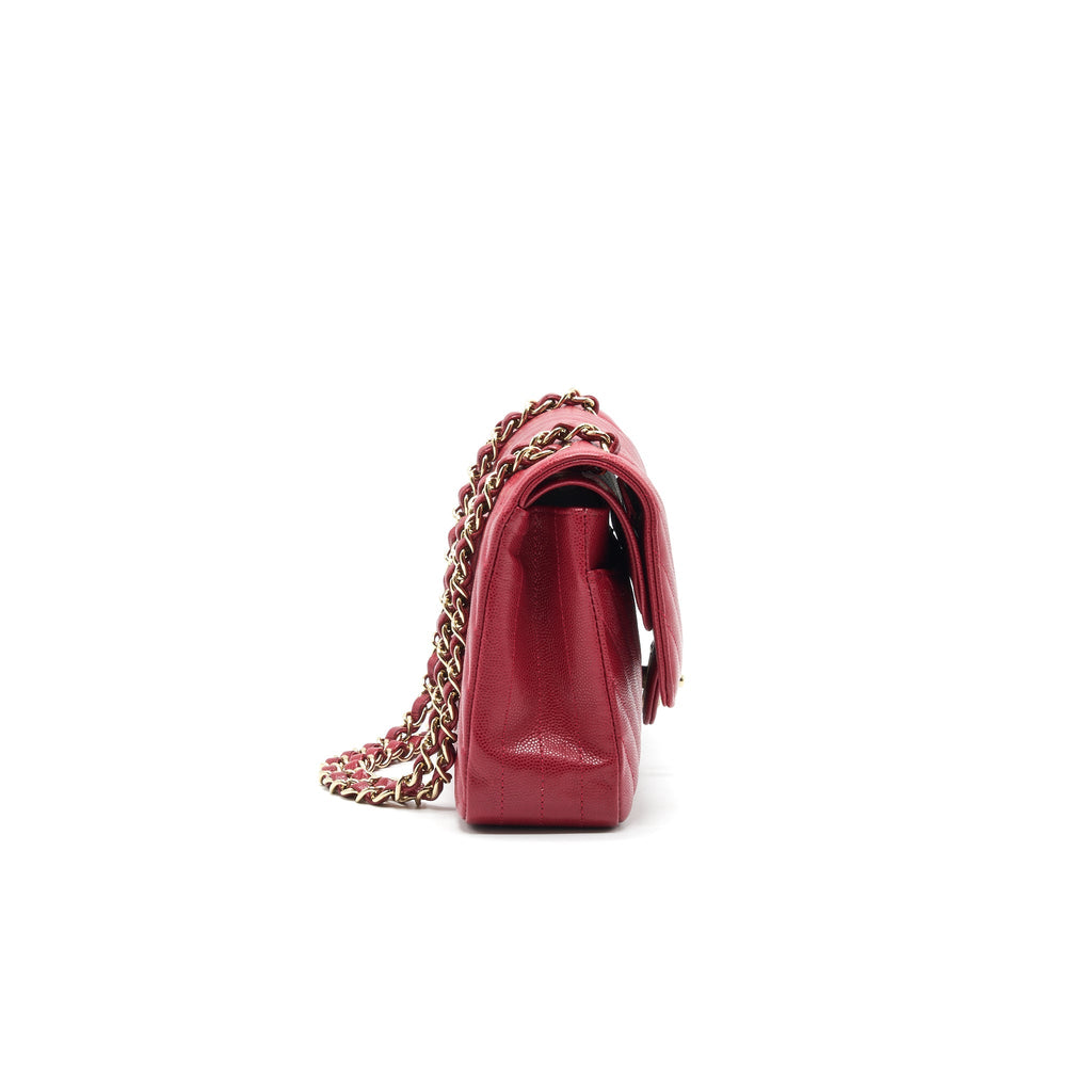 CHANEL MEDIUM CLASSIC DOUBLE FLAP CAVIAR RASPBERRY RED WITH LGHW