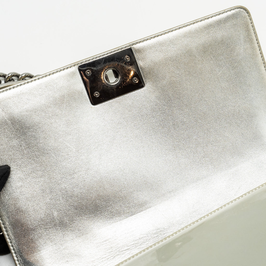 CHANEL MEDIUM BOY BAG PATENT LIGHT GOLD / SILVER SHW