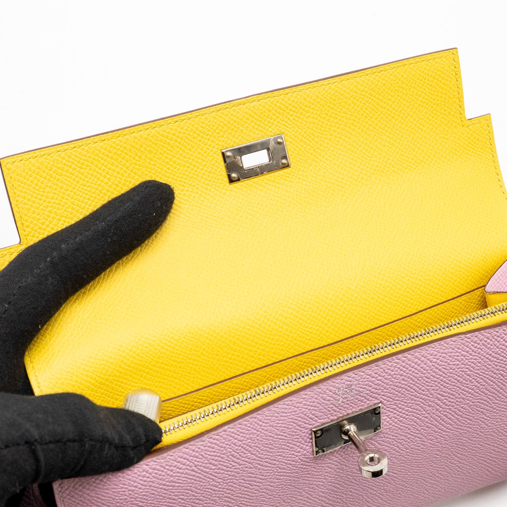 HERMES KELLY LONG WALLET EPSOM MAUVE SYLVESTRE / JAUNE CITRON SHW