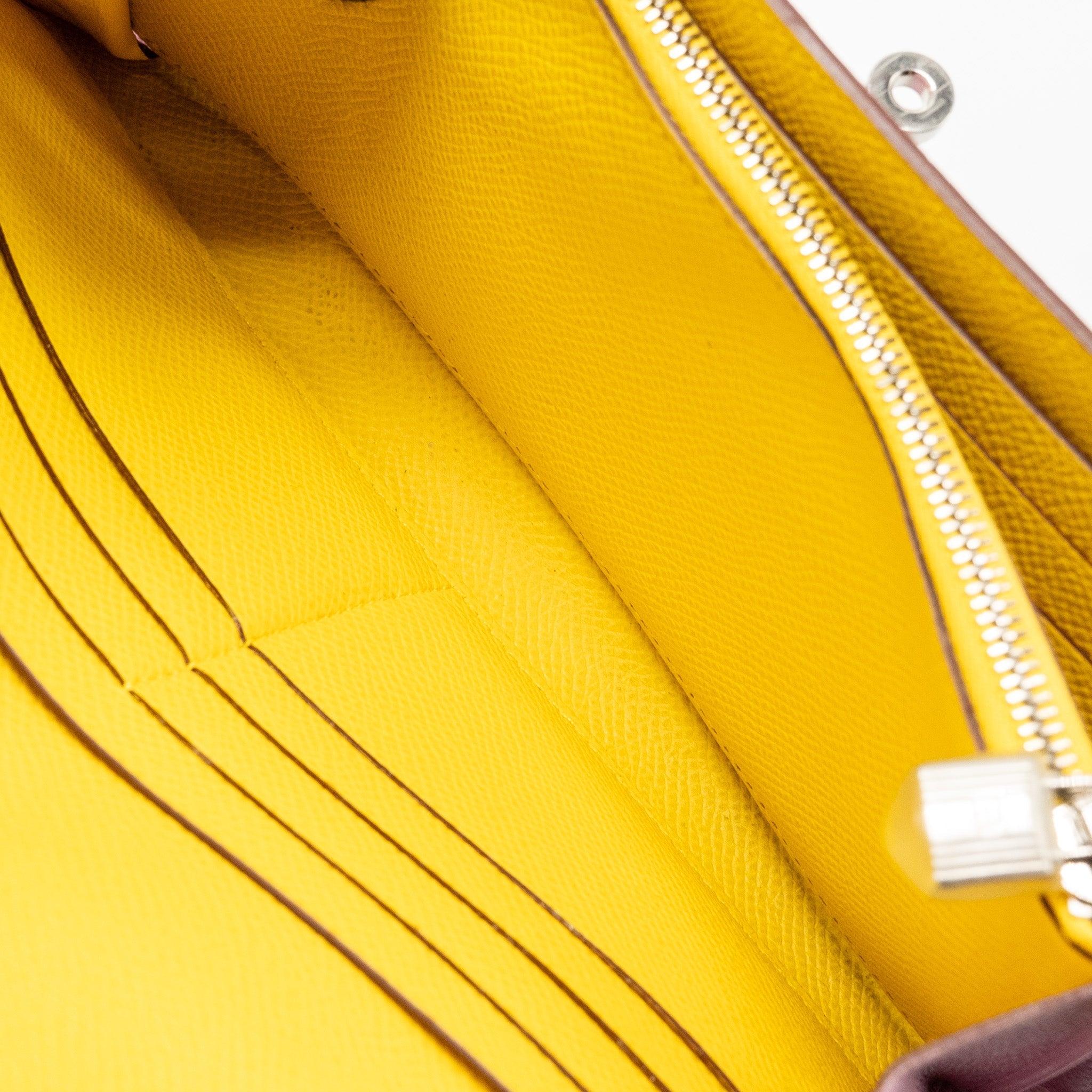 HERMES KELLY LONG WALLET EPSOM MAUVE SYLVESTRE / JAUNE CITRON SHW