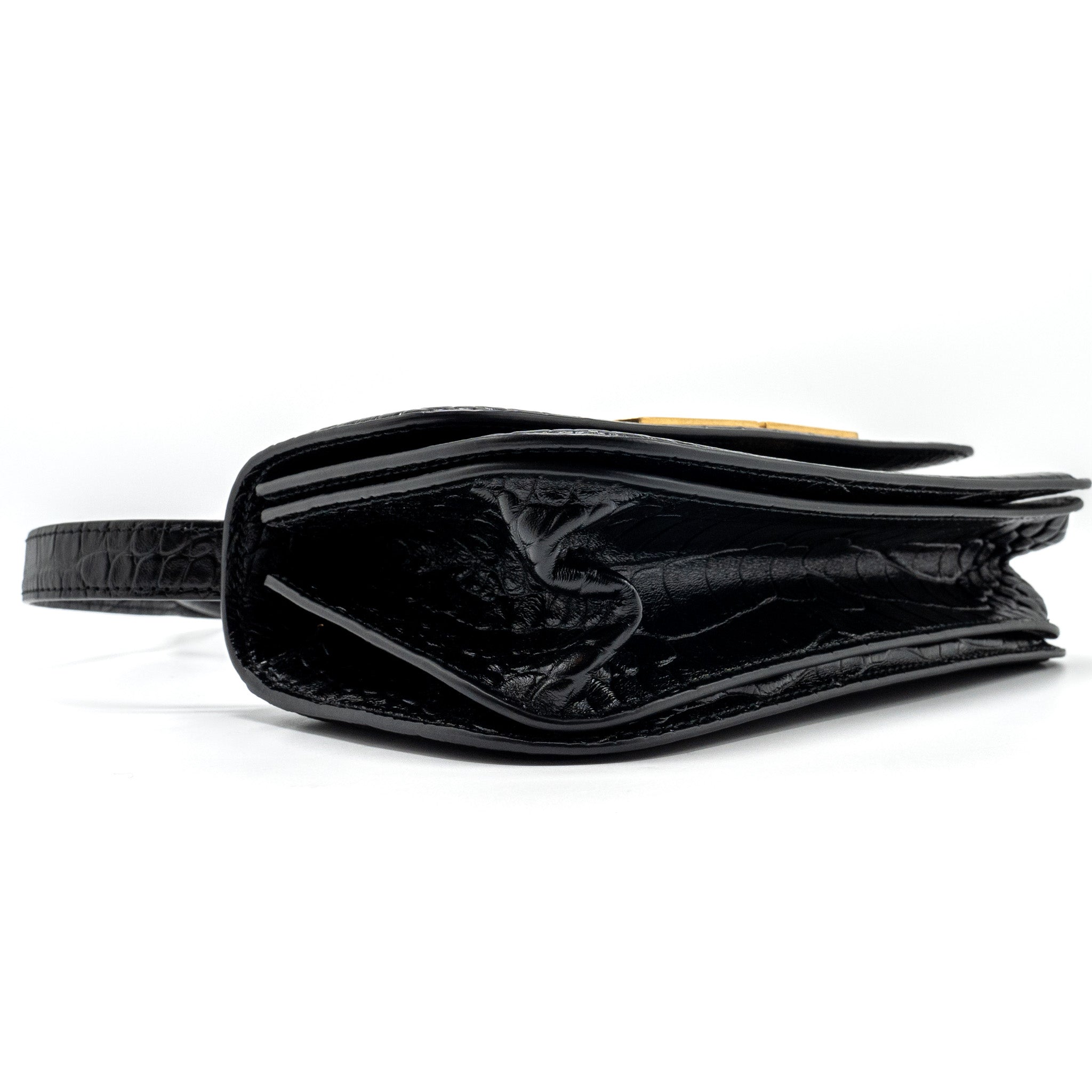 BALENCIAGA GOSSIP SHOULDER BAG CROC-EMBOSSED CALFSKIN BLACK GHW