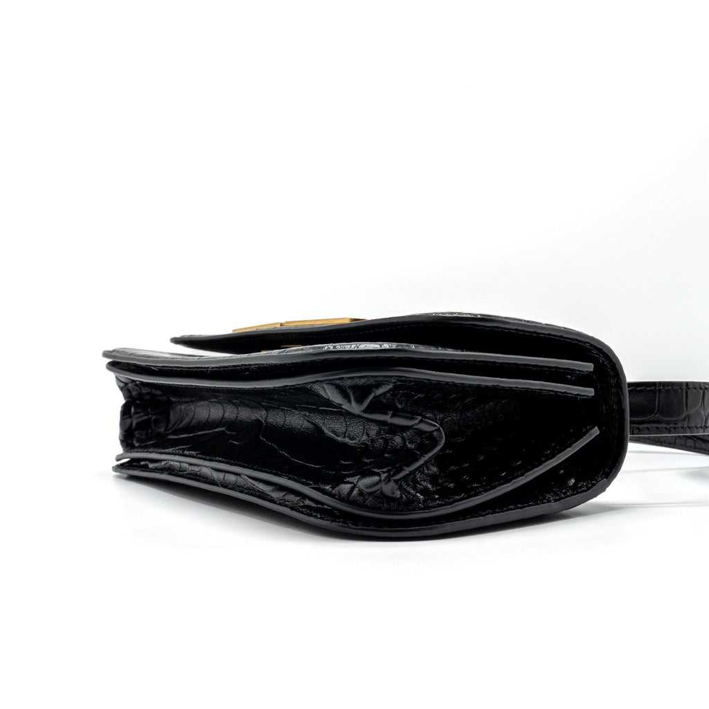 BALENCIAGA GOSSIP SHOULDER BAG CROC-EMBOSSED CALFSKIN BLACK GHW