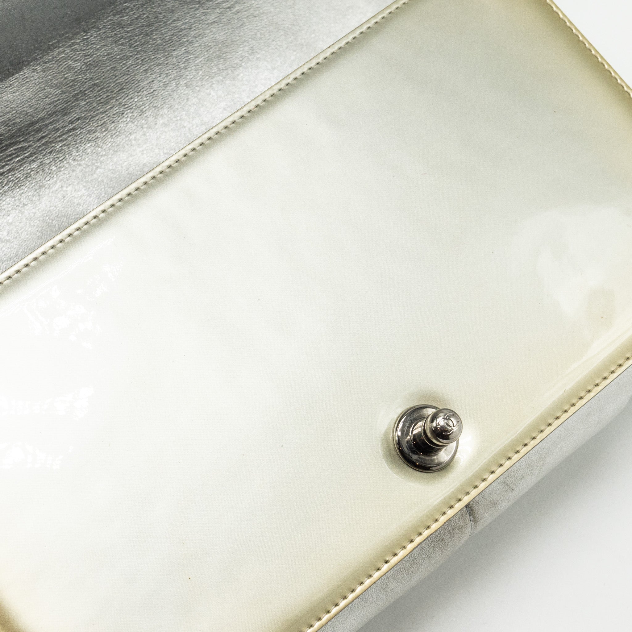 CHANEL MEDIUM BOY BAG PATENT LIGHT GOLD / SILVER SHW