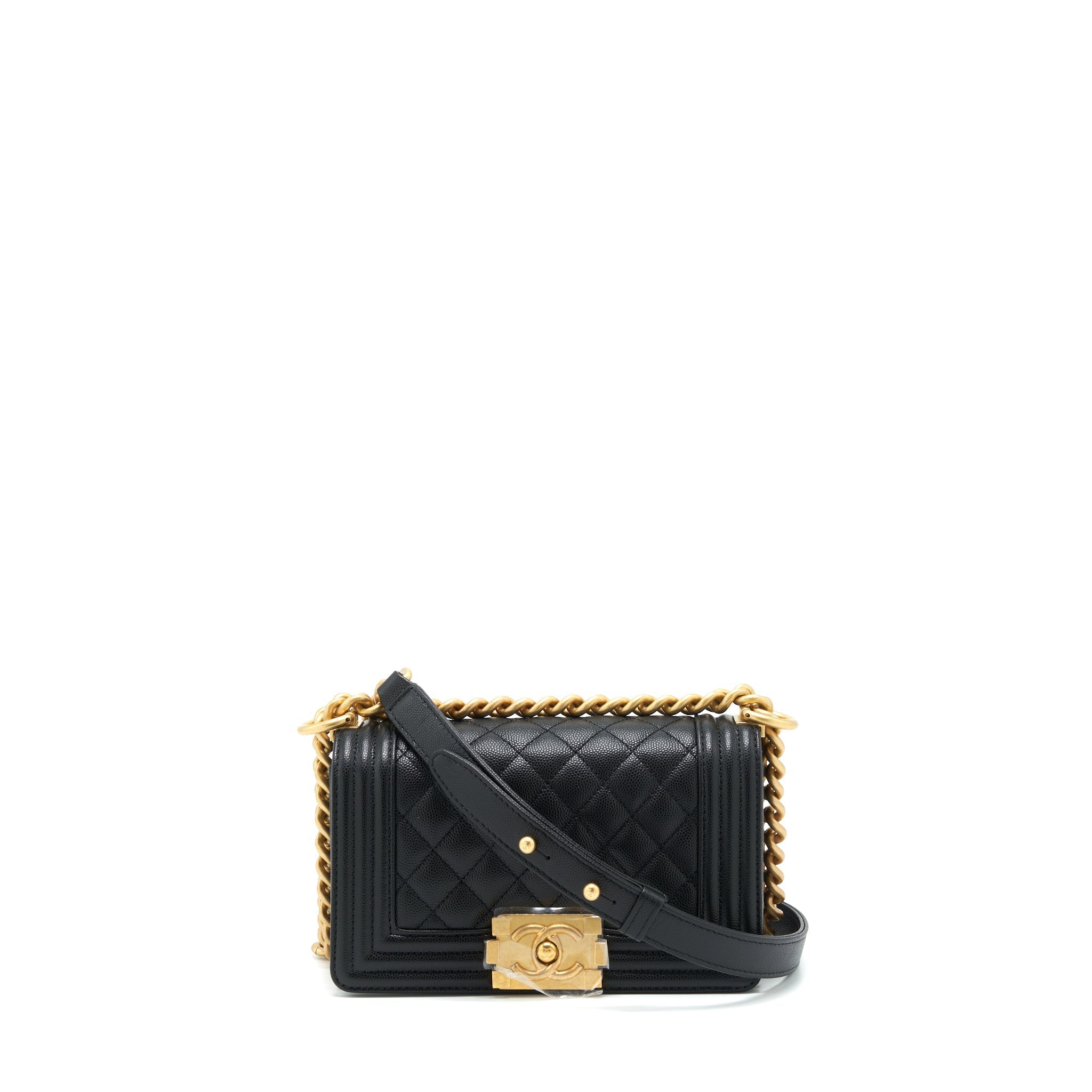 CHANEL SMALL BOY BAG CAVIAR BLACK BRUSHED GHW (MICROCHIP)