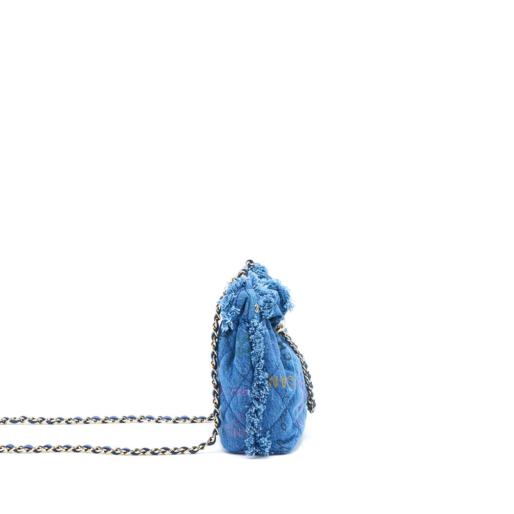 CHANEL 22P SMALL BLUE DENIM BUCKET BAG LGHW (MICROCHIP)