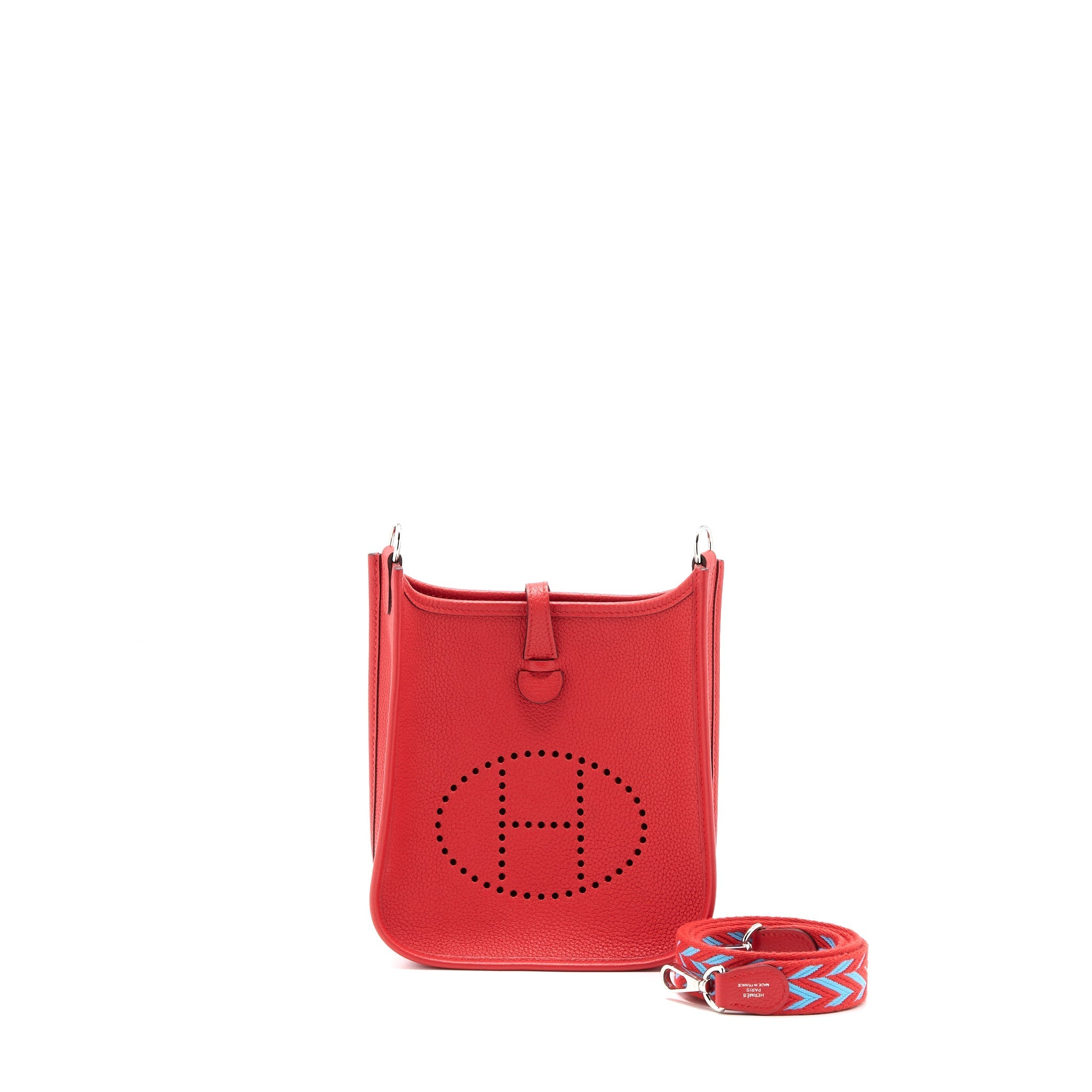 HERMES MINI EVELYNE TAURILLON MAURICE ROUGE COEUR WITH MULTICOLOUR STRAP SHW