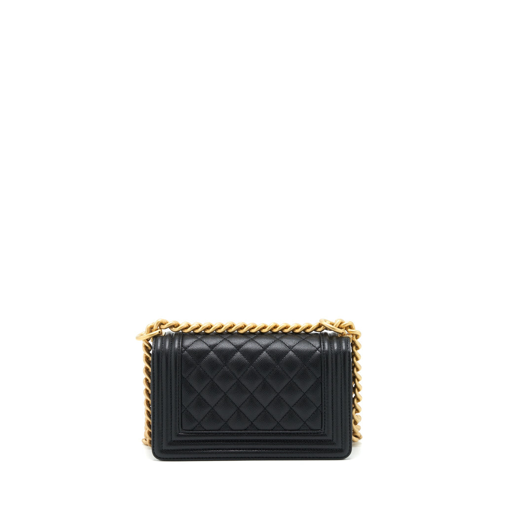 CHANEL SMALL BOY BAG CAVIAR BLACK BRUSHED GHW (MICROCHIP)