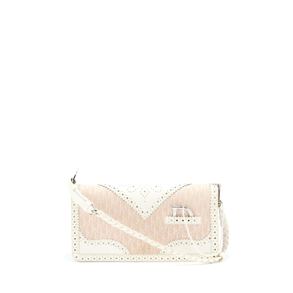 DIOR PINK LOGO MONOGRAM LACE HANDBAG PEARL D STRAP CHARM SHW