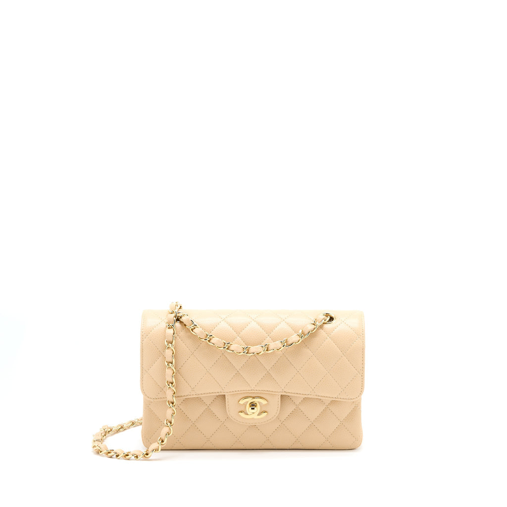 CHANEL SMALL CLASSIC DOUBLE FLAP BAG CAVIAR BEIGE GHW(MICROCHIP)
