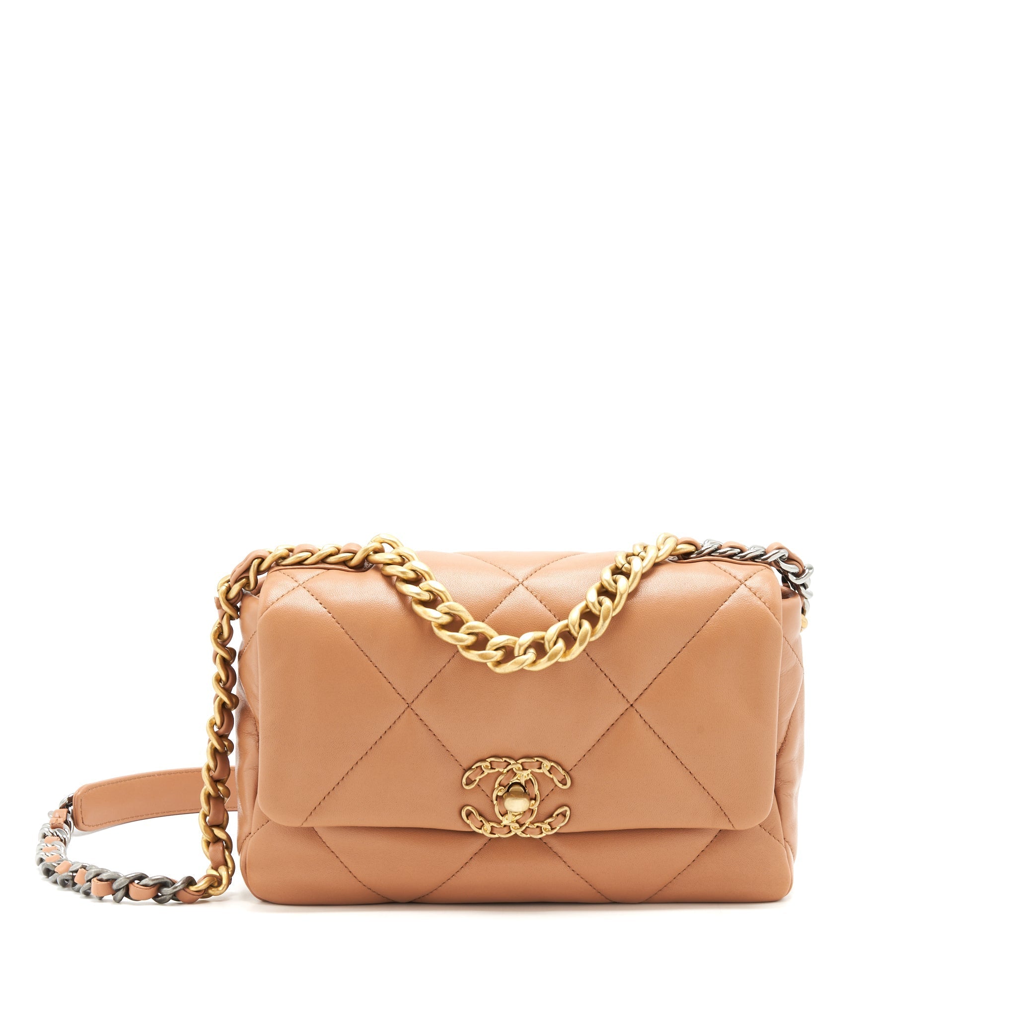 CHANEL 21K SMALL 19 FLAP BAG LAMBSKIN CARAMEL GHW(MICROCHIP)