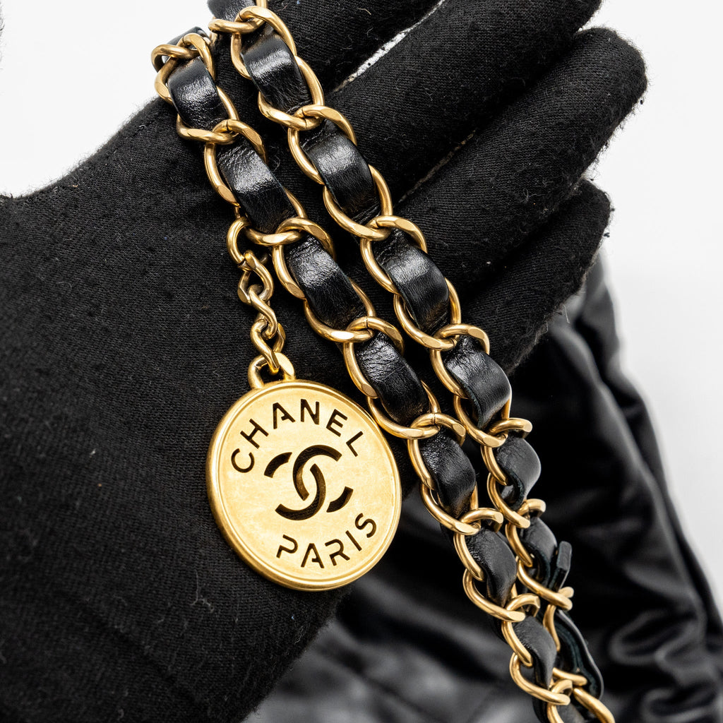 CHANEL SMALL 22 BAG GOLD LETTER SHINY CALFSKIN BLACK GHW (MICROCHIP)