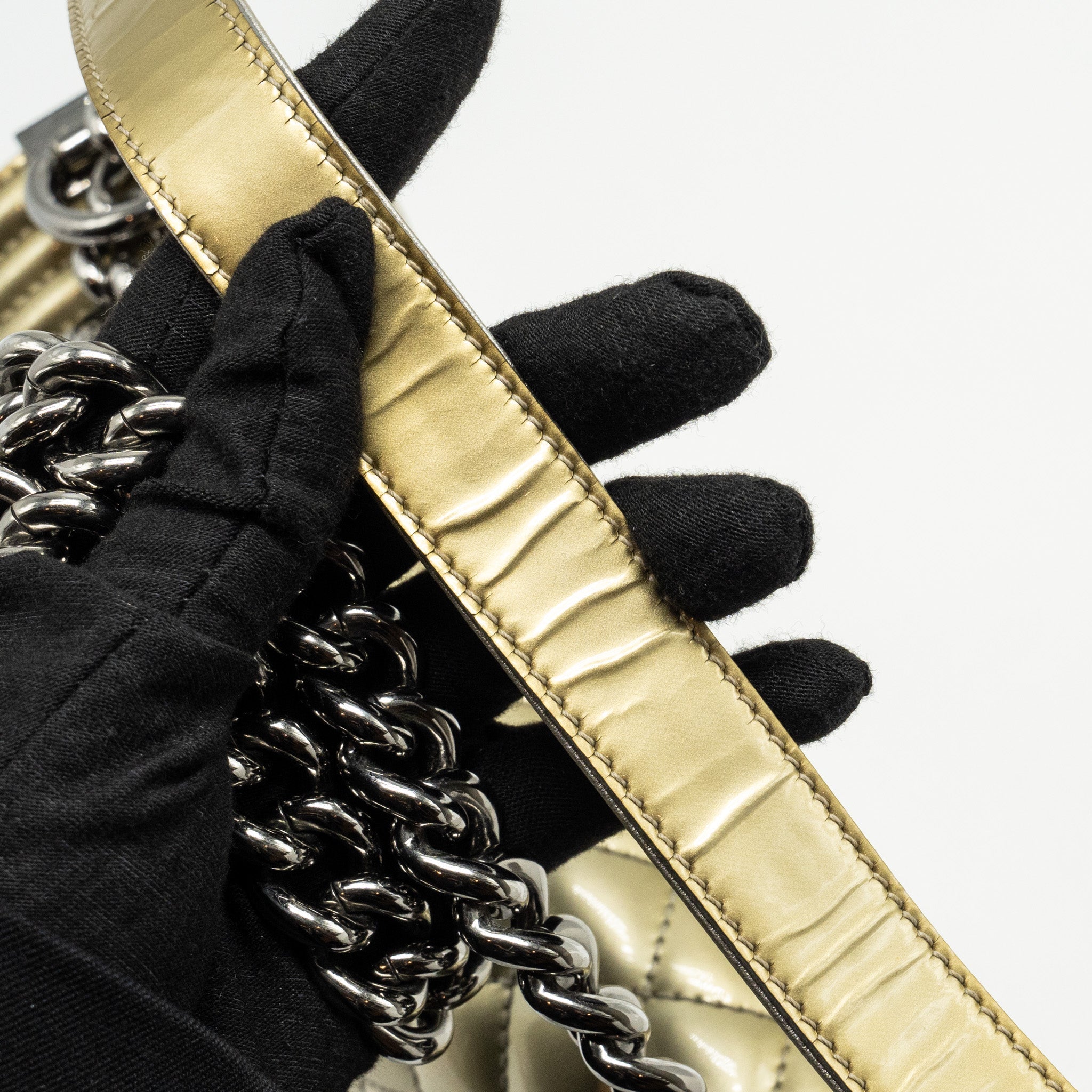CHANEL MEDIUM BOY BAG PATENT LIGHT GOLD / SILVER SHW
