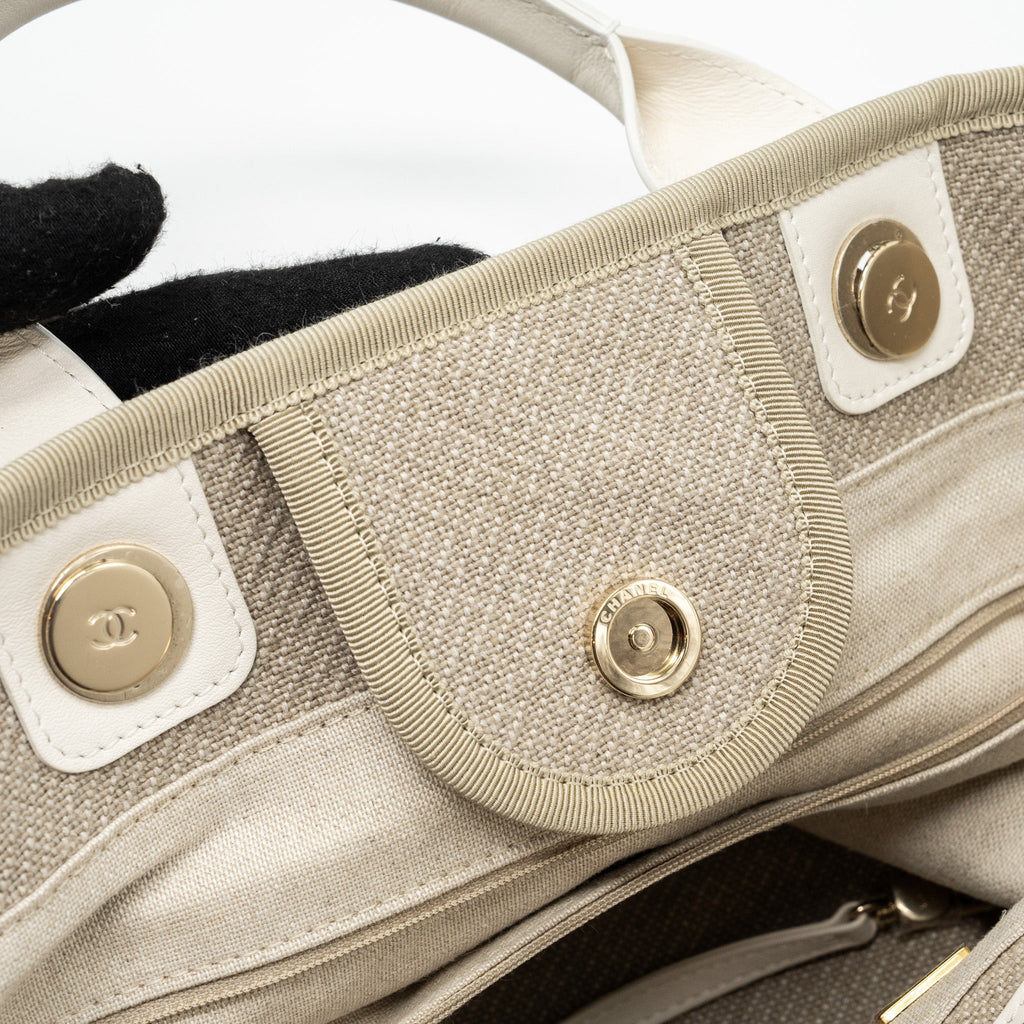 CHANEL DEAUVILLE BAG CANVAS/ LEATHER BEIGE/WHITE GHW (MICROCHIP)