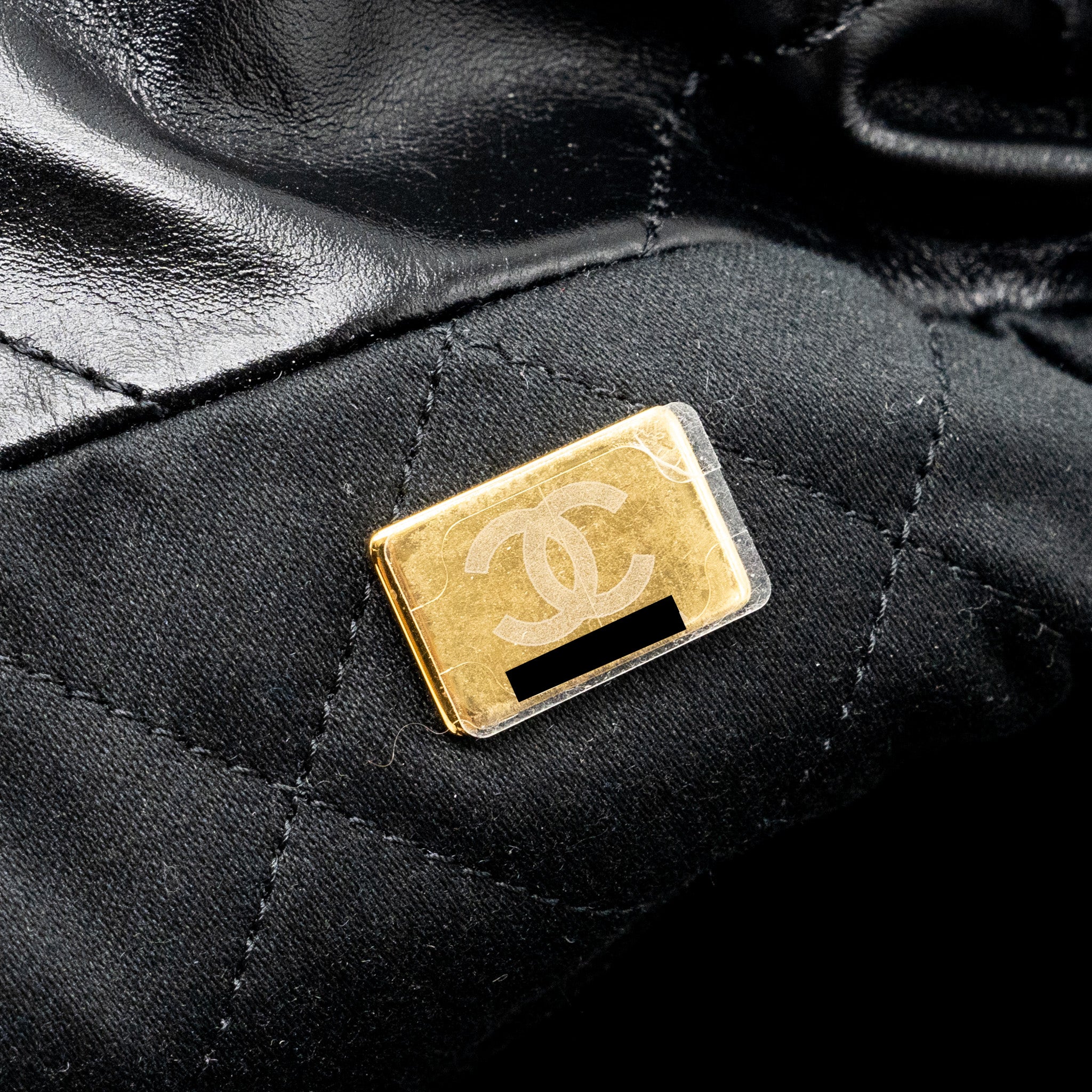 CHANEL SMALL 22 BAG GOLD LETTER SHINY CALFSKIN BLACK GHW (MICROCHIP)