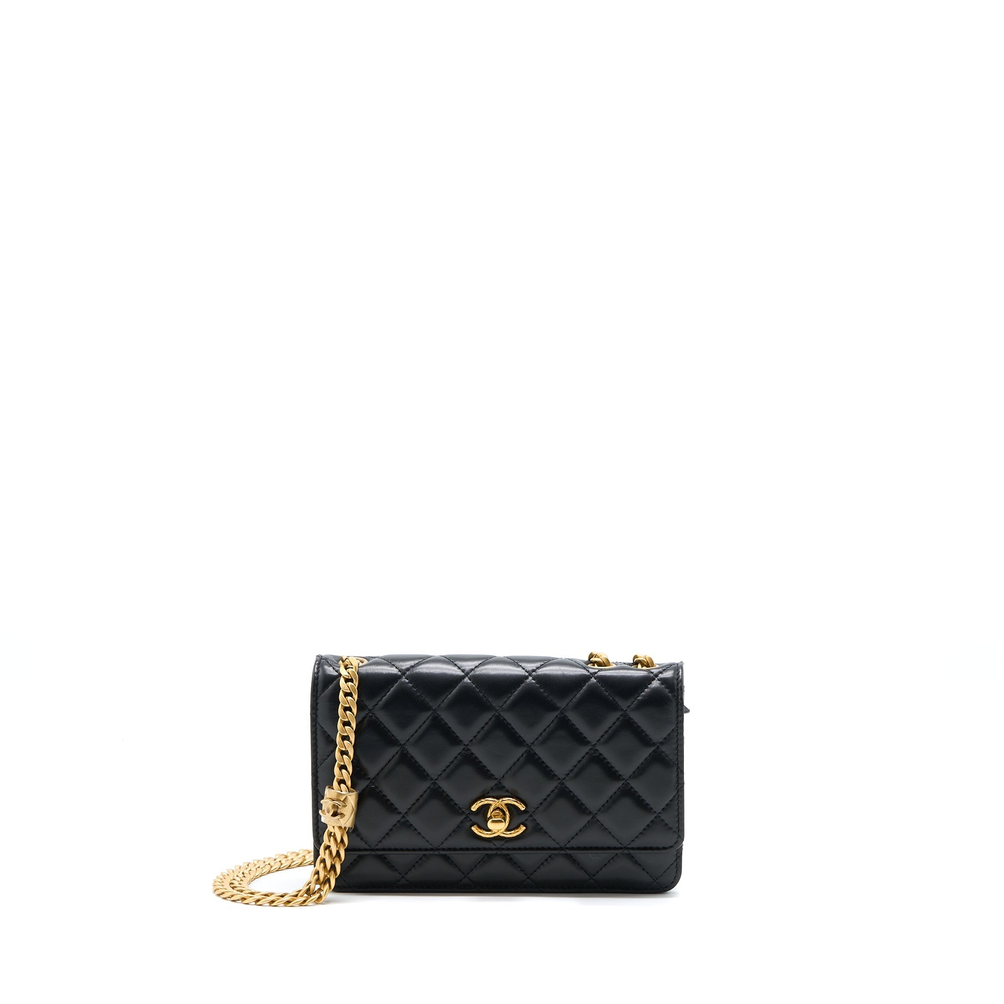 CHANEL 22K GOLD PILLAR WALLET ON CHAIN LAMBSKIN BLACK BRUSHED GHW(MICROCHIP)