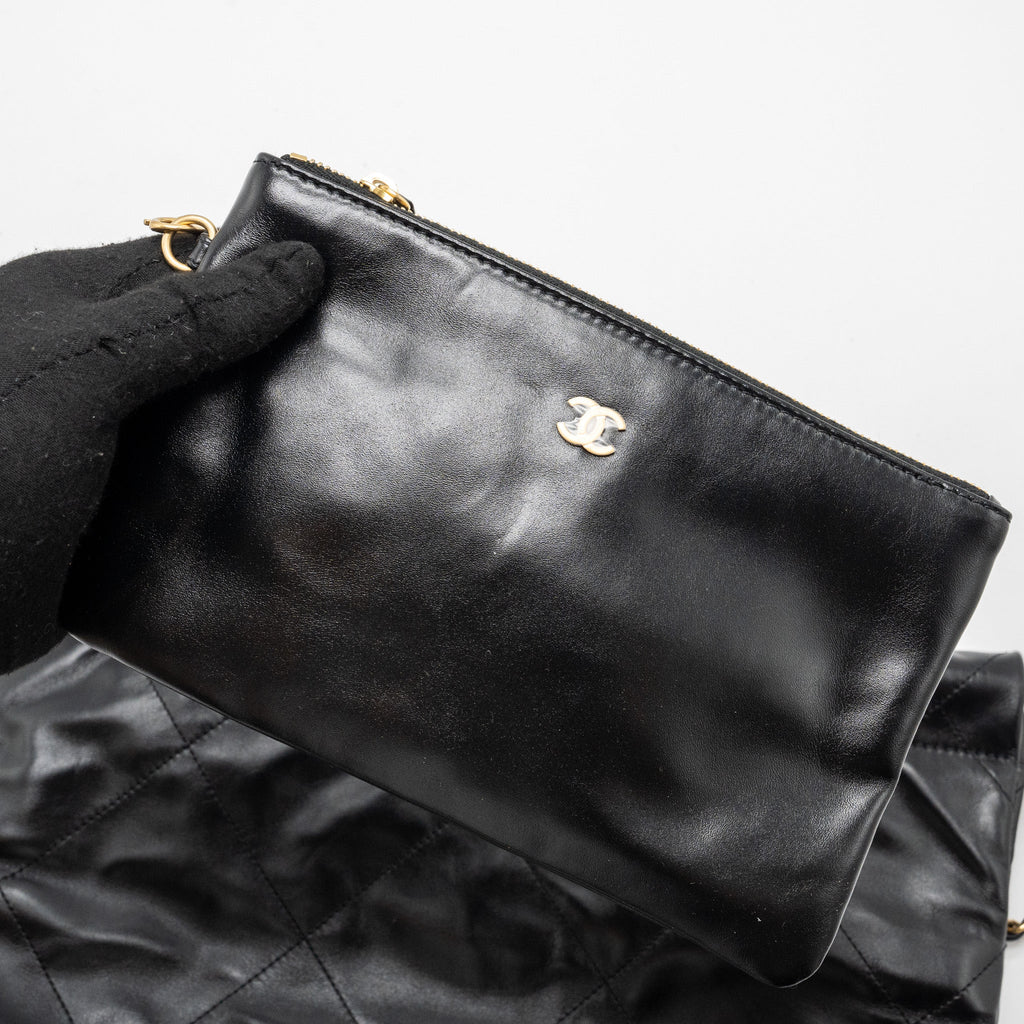 CHANEL SMALL 22 BAG GOLD LETTER SHINY CALFSKIN BLACK GHW (MICROCHIP)