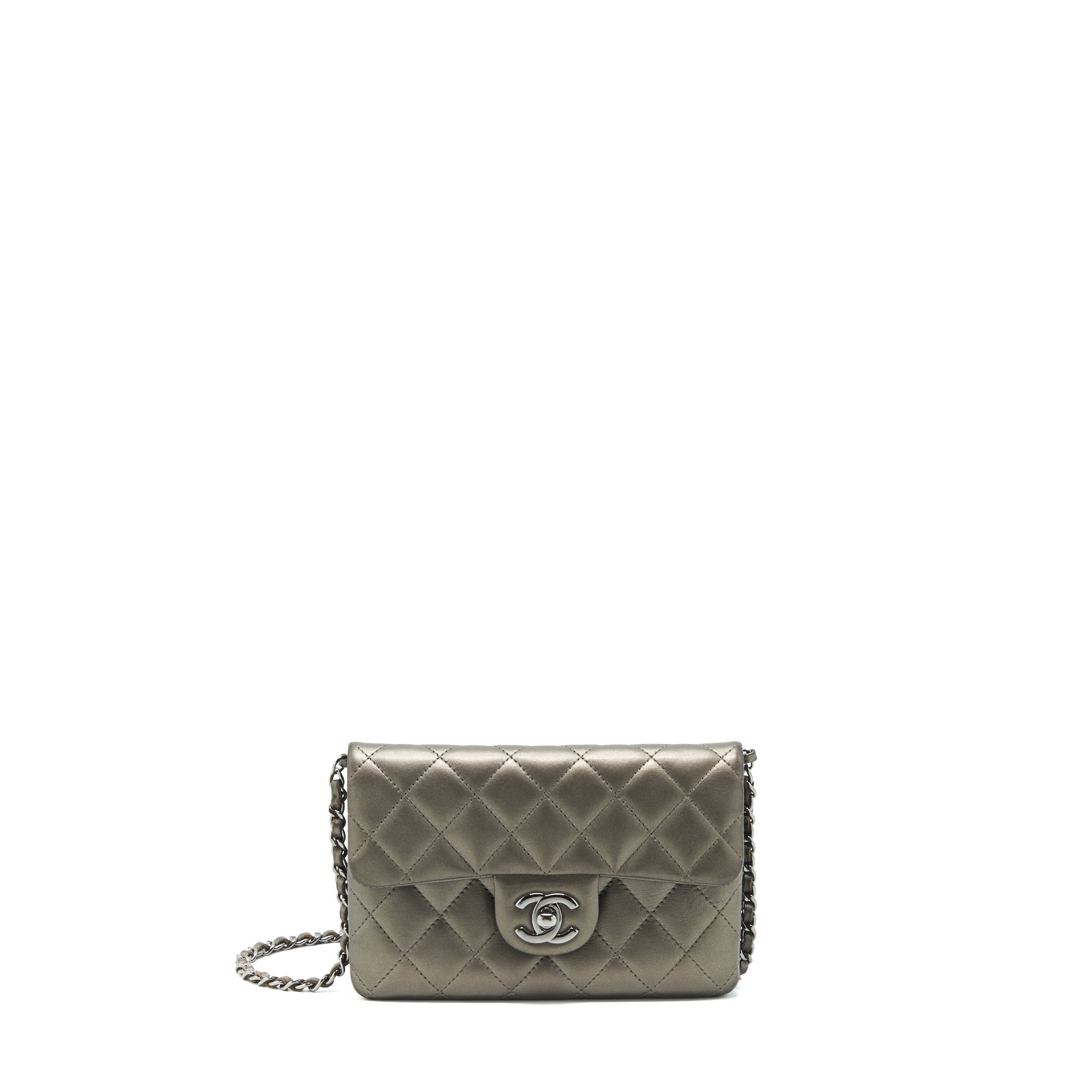 CHANEL FLAP AND ZIPPY MINI POUCH WITH CHAIN LAMBSKIN METALLIC BROWNISH GREY WITH DARK GREY HARDWARE