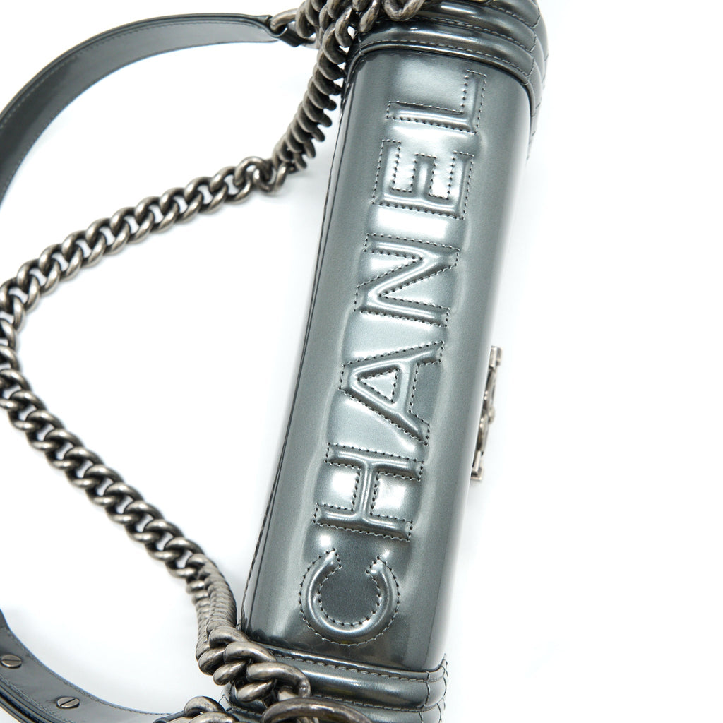 CHANEL MEDIUM BOY BAG PATENT GREY RUTHENIUM SHW