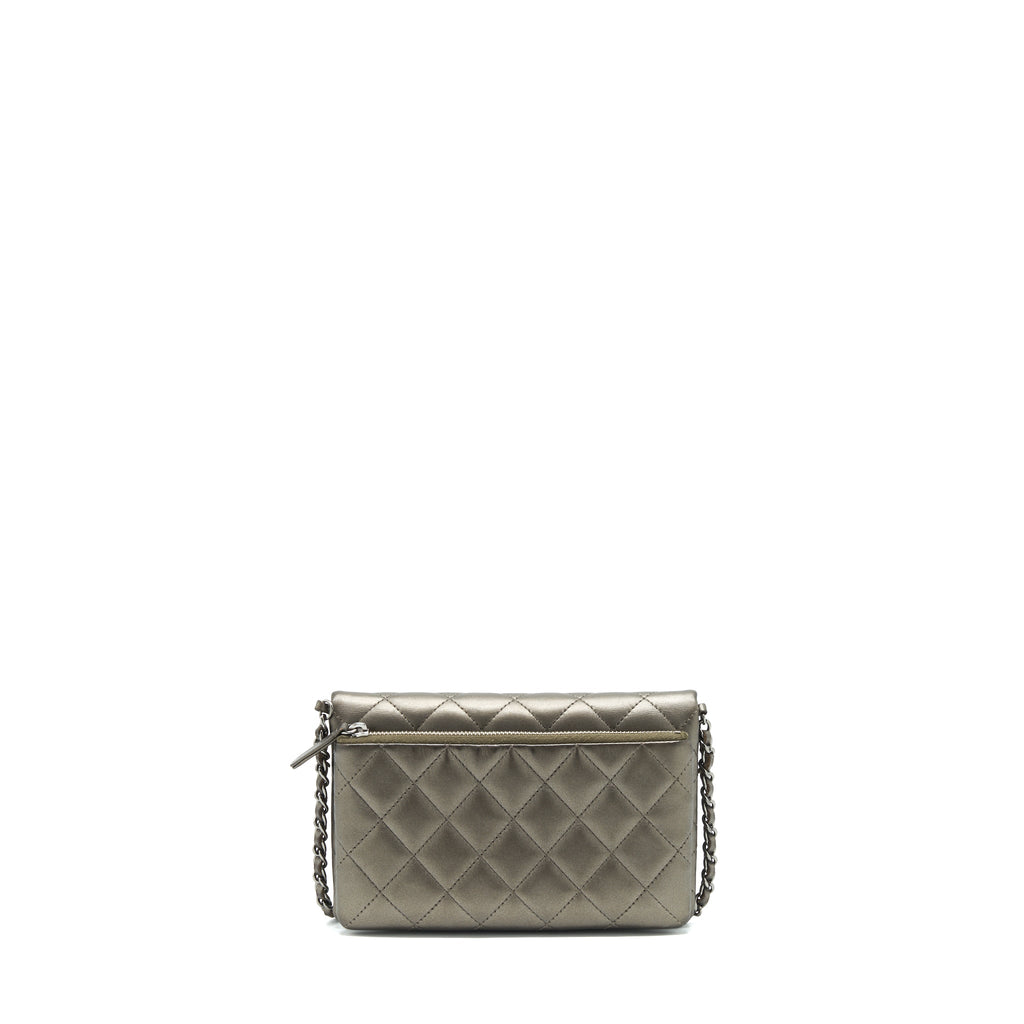 CHANEL FLAP AND ZIPPY MINI POUCH WITH CHAIN LAMBSKIN METALLIC BROWNISH GREY WITH DARK GREY HARDWARE