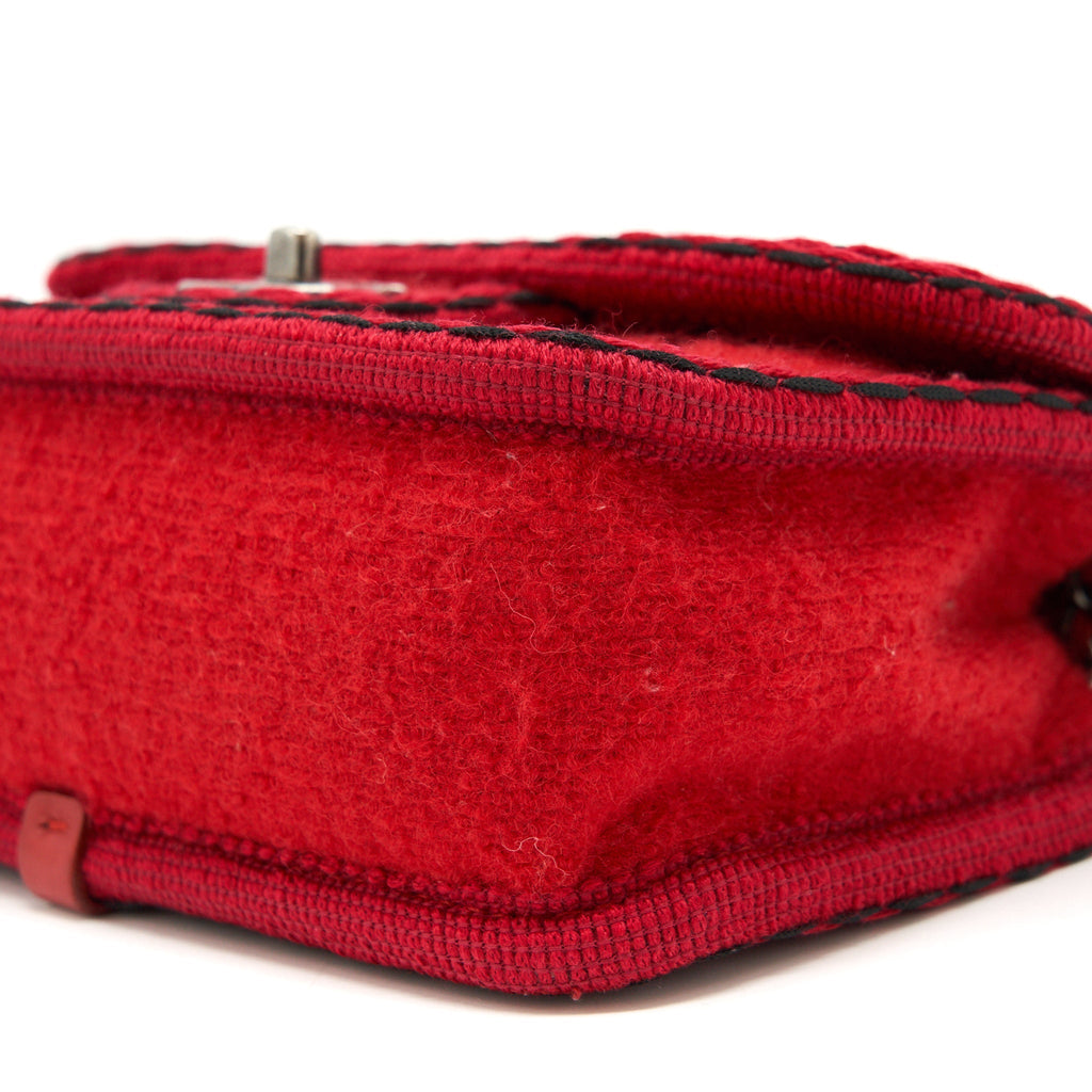 CHANEL FLAP BAG WOOL/FABRIC RED RUTHENIUM HARDWARE
