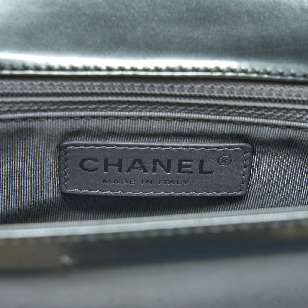 CHANEL MEDIUM BOY BAG PATENT GREY RUTHENIUM SHW