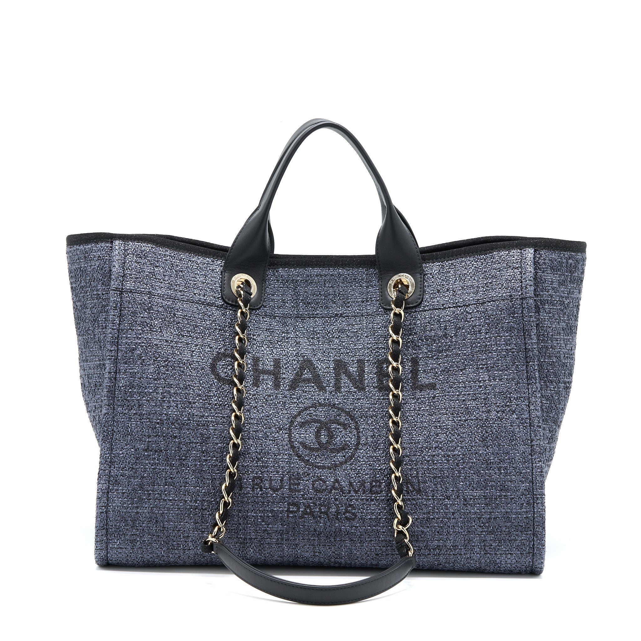 CHANEL DEAUVILLE TOTE BAG TWEED DARK GREY / BLACK LGHW (MICROCHIP)